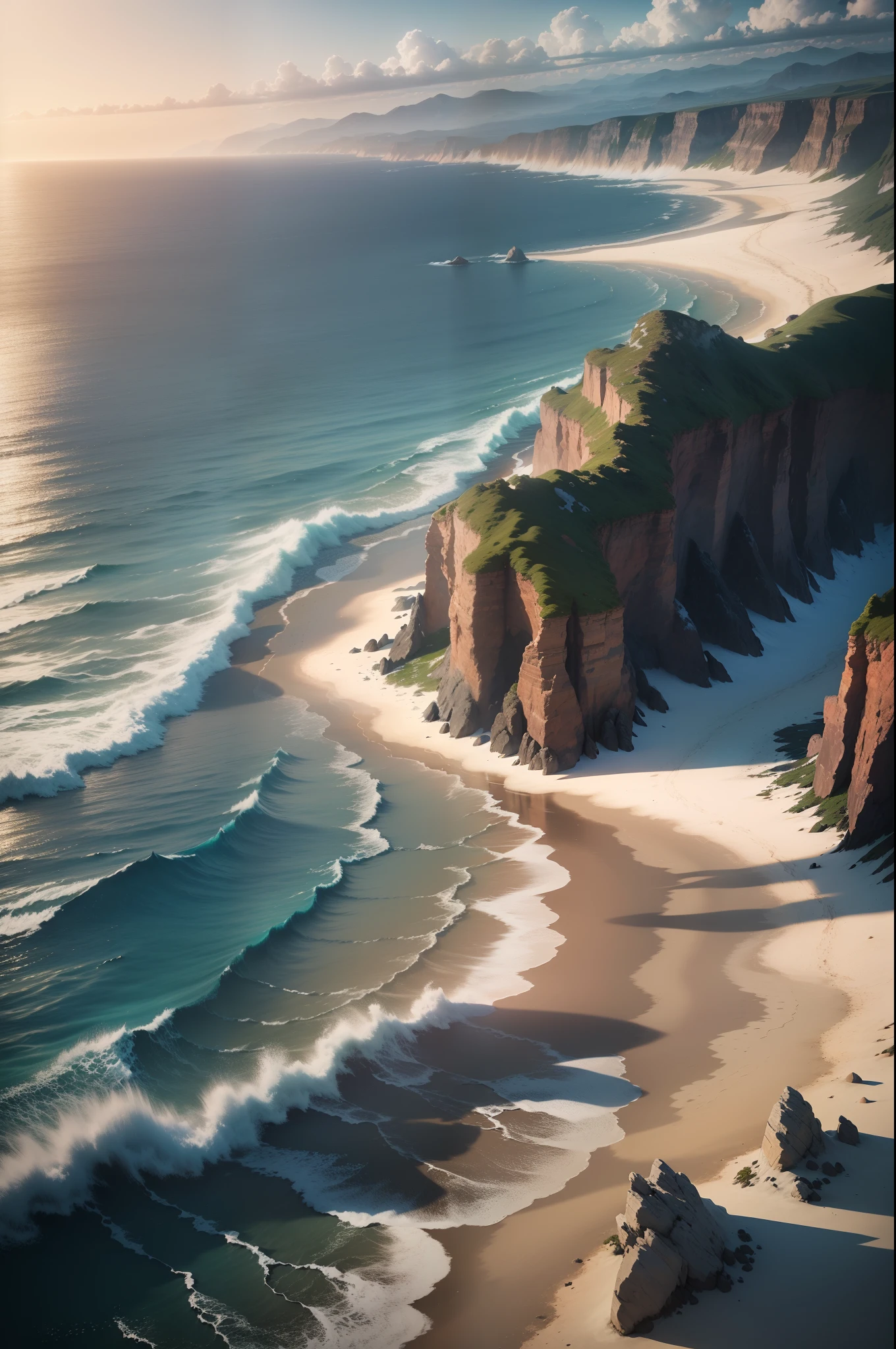 photo of coastline, vast ocean view, rocks, wind, waves, peace, calm, relaxing, 8k uhd, dslr, soft lighting, high quality, film grain, Fujifilm XT3, chromatic aberration, caustics, dreamy aesthetic serene bliss, diffused light, god rays, chromatic aberration, caustics