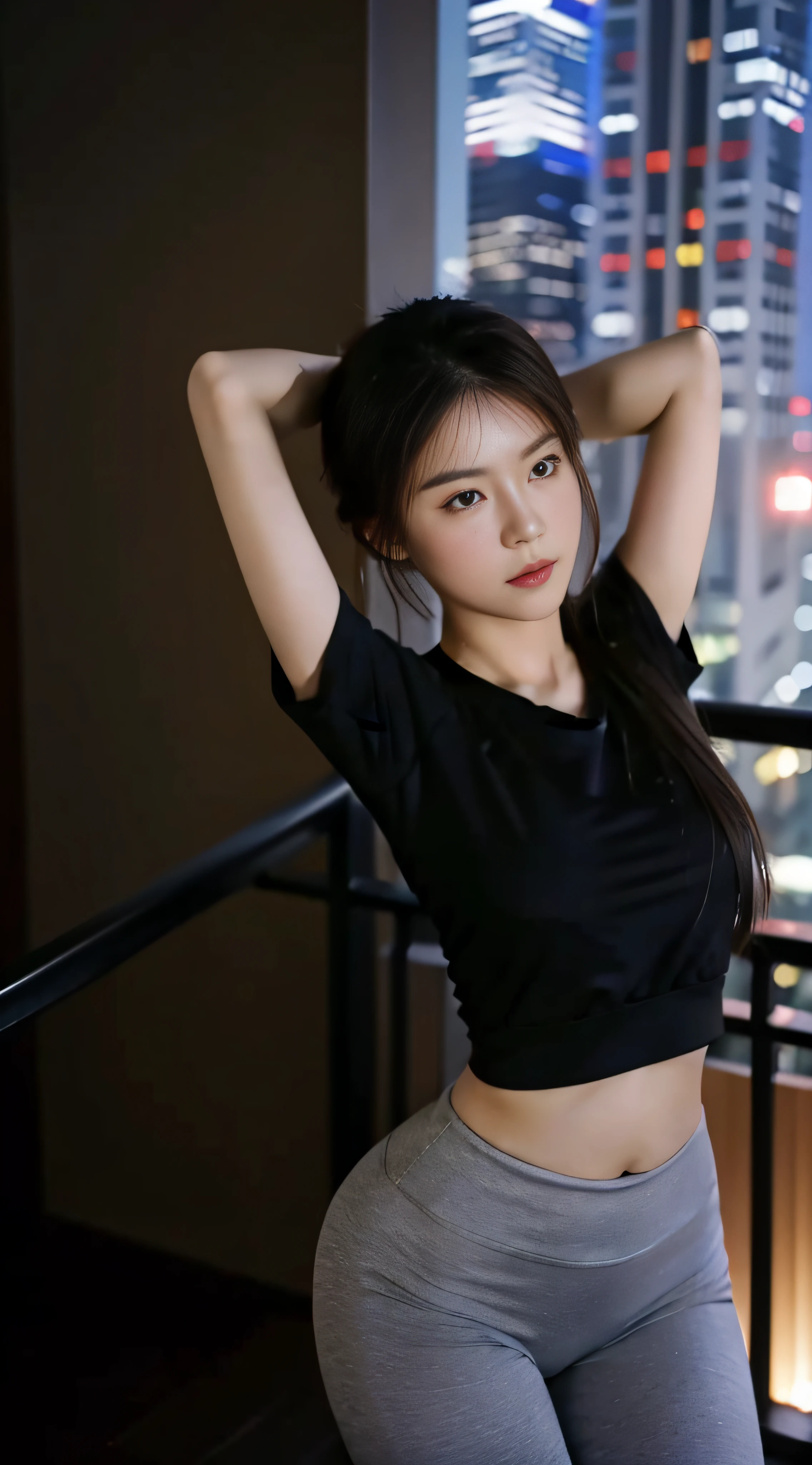 A Chinese woman on the rooftop of the top floor of a tall building at night, fluffy hair, delicate face, bright, real girl, large aperture, wearing gray tight yoga pants and trousers, wearing a black yoga shirt, short-sleeved yoga shirt, alphabet yoga shirt, open belly, close shot, plump, slightly fat, standing, frontal shooting, very plump,