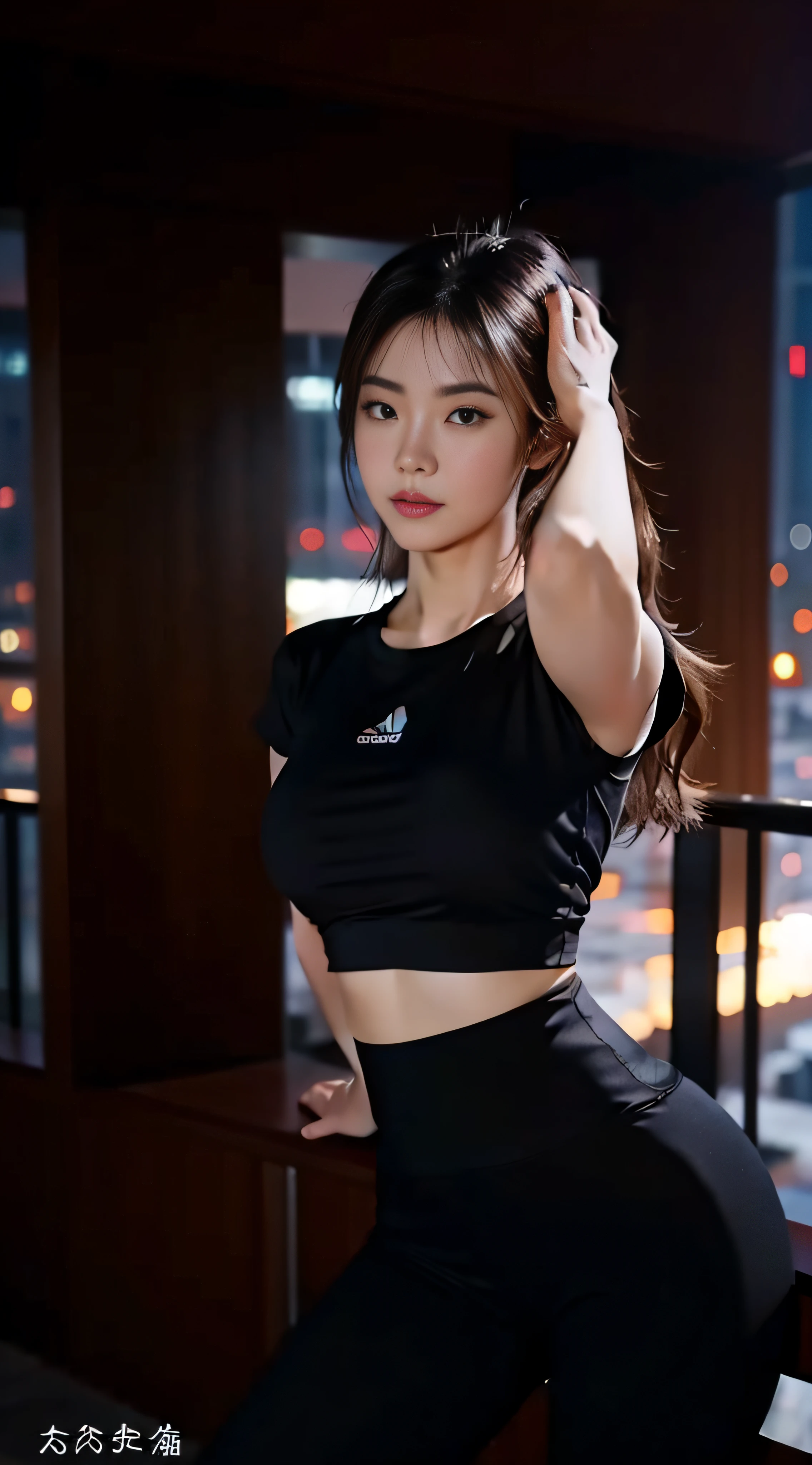 A Chinese woman on the rooftop of the top floor of a tall building at night, fluffy hair, delicate face, bright, real girl, large aperture, wearing gray tight yoga pants and trousers, wearing a black yoga shirt, short-sleeved yoga shirt, alphabet yoga shirt, open belly, close shot, plump, slightly fat, standing, frontal shooting, very plump,