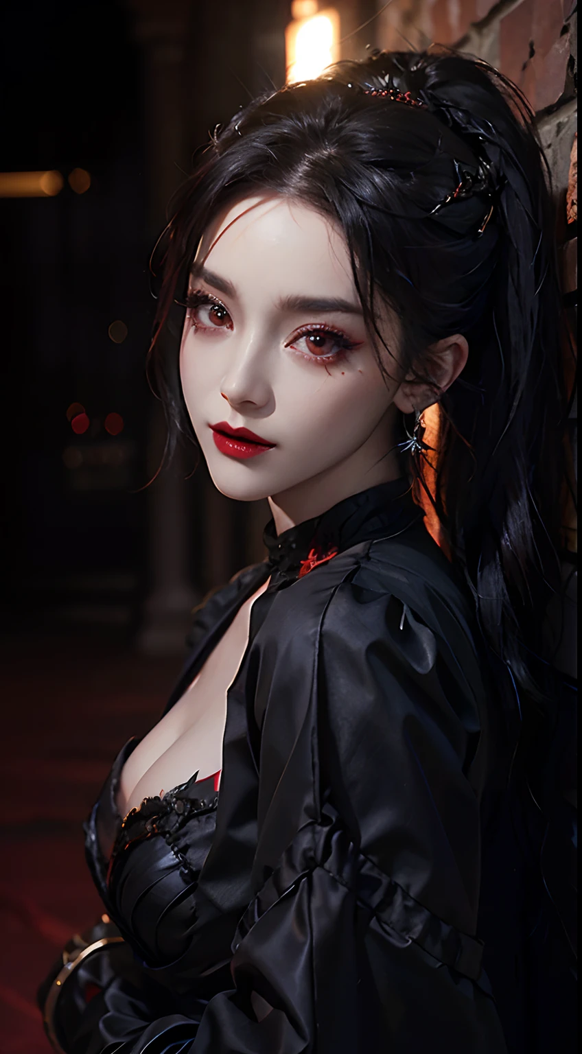 1 beautiful devil woman from hell, In the Dark: 1.6), surreal female portrait by David Hockney and Alphonse Mucha, fantasy art, korea doll, photorealism, dynamic lighting, artstation, poster, volumetric lighting, very detailed faces, 8k ultra, Awarded, in the dark, deep shadow, low key, cowboy lens, (Red phoenix dress: 1.4), long hair, black hair, bust, luxurious palace, Royal style, devil crown, red eyes make up very sharp and detailed, The most beautiful face, The breasts are very big and round and round, Super realistic, chinese women's clothing, polo neck sweater, Charming smile, The eyes are very well made up, guweiz, devil style, wearing black mesh socks, Ponytail with a bow tied at the back of the hair, Red black lips, Devil tattoo on shoulder, wearing a thin red and black robe, the landscape is overcast and thunderous, (Portrait), Close-up of the main character, (Background details 1.8),