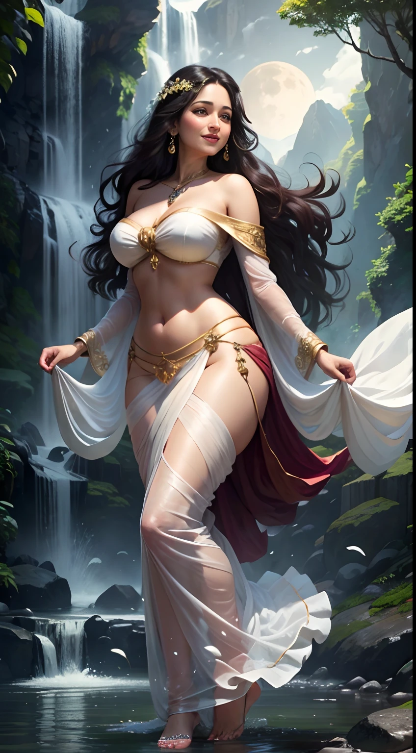 Moon moon Sen as a fairy, floating in mid air, beside a waterfall, large breasts, wide hips, flowers in hand, dark brown long hair, beautiful, one hand raised, wearing a white silk strapless bra and a transparent full sarees, wearing heavy gold ornaments, big smile, full body, mountains in background,  full light on face, photorealistic, High resolution