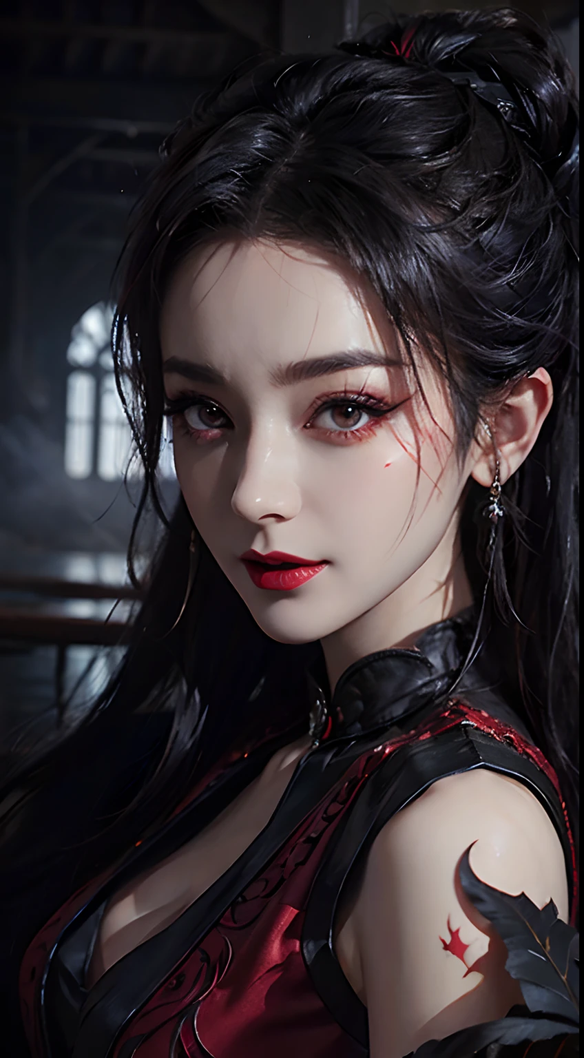 1 beautiful devil woman from hell, In the Dark: 1.6), surreal female portrait by David Hockney and Alphonse Mucha, fantasy art, korea doll, photorealism, dynamic lighting, artstation, poster, volumetric lighting, very detailed faces, 8k ultra, Awarded, in the dark, deep shadow, low key, cowboy lens, (Red phoenix dress: 1.4), long hair, black hair, bust, luxurious palace, Royal style, devil crown, red eyes make up very sharp and detailed, The most beautiful face, The breasts are very big and round and round, Super realistic, chinese women's clothing, polo neck sweater, Charming smile, The eyes are very well made up, guweiz, devil style, wearing black mesh socks, Ponytail with a bow tied at the back of the hair, Red black lips, Devil tattoo on shoulder, wearing a thin red and black robe, the landscape is overcast and thunderous, (Portrait), Close-up of the main character, (Background details 1.8),