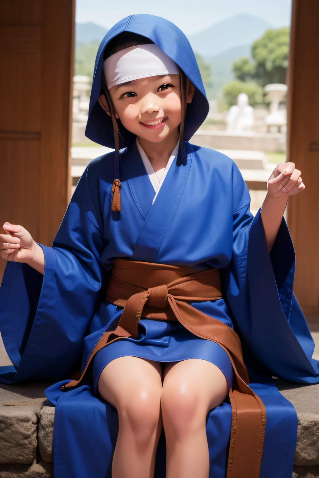 The Alafard child, dressed in a blue robe, smiled and held a brown belt, In the blue robe, Wearing a blue robe, portrait shooting, little boy wearing nun outfit, a serene smile, Taoist temples and monks, dressed in simple robes, monk clothes, kiddy big breasts, buddhist monk, Serene expression, wearing a long flowing robe, portrait of monk, Cute boy, Buddhist, Happy kids, ???