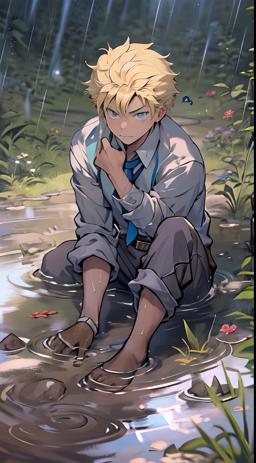 (1 Adult male),A high resolution, Sharp focus, Pixiv masterpiece, ((Complicated details)), highly detailed, natsuki_subaru, 1 man,Lying in the mud, Lazy,full bodyesbian, blue color eyes(eyes glowing), Short yellow hair,white shirt,Wear a tie,Wear a belt,perspire,rain,Drenched,Sweaty crotch,look from down