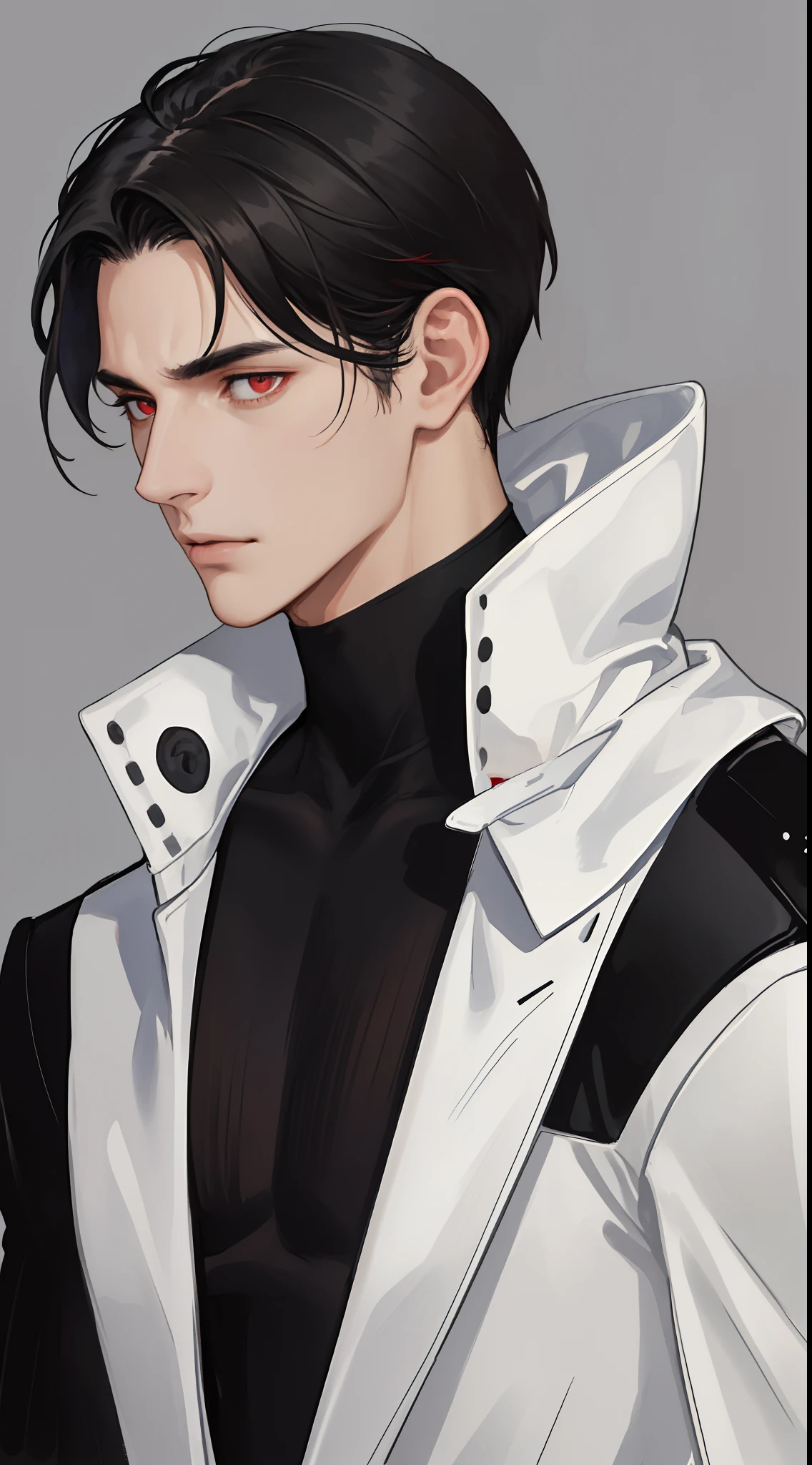 masterpiece, best quality, realistic, 1man, male focus, male model, tall muscular, handsome, closed mouth, dark turtle-neck,modern clothes, portrait,extremely detailed face, short black hair, flying bangs, dark red eyes, white background, simple background, SIDE VIEW, looking at the viewers.