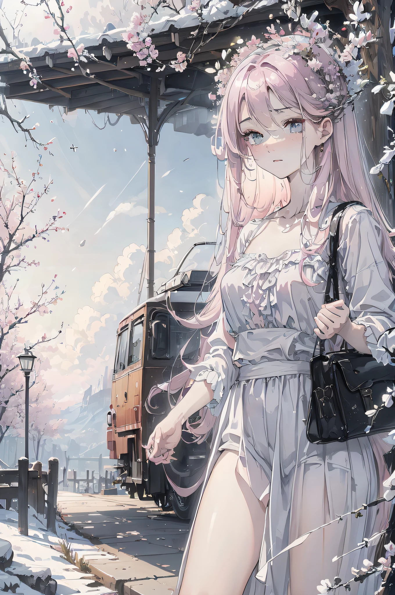 "A bus heading west,
Flashing pink windshield,
Pink metal skimmed by,
Brush the recessed sides
of blue, Broken enamel.", the cherry trees, full bloom, Train, locomotive.(Masterpiece:1.2, Best quality, Digital art, hyperrealistic details, Detailed digital art, Realistic texture, Detailed CG, Extremely high detail, Digital illustration)