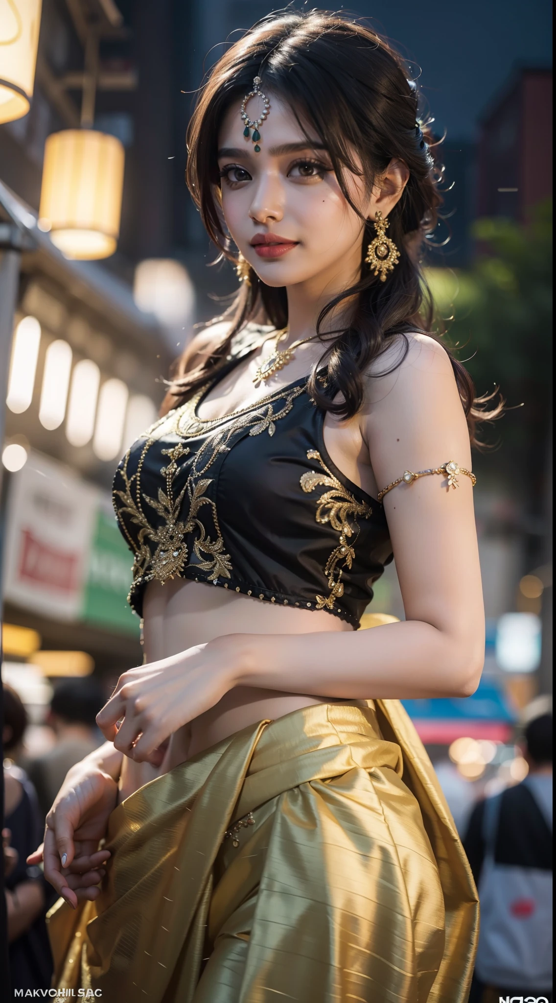 24-28 Years Old bollywood indian female fashion mode,brown skin,dressed Sari,Happy expression on face,at the night market,backlight, extremely realistic, 8k, insane details, intricate details, cinematic color graded,Color Grading, Editorial Photography, Photography,sharp focus, taken with a 60mm lens, ISO 300, f/4, 1/200th