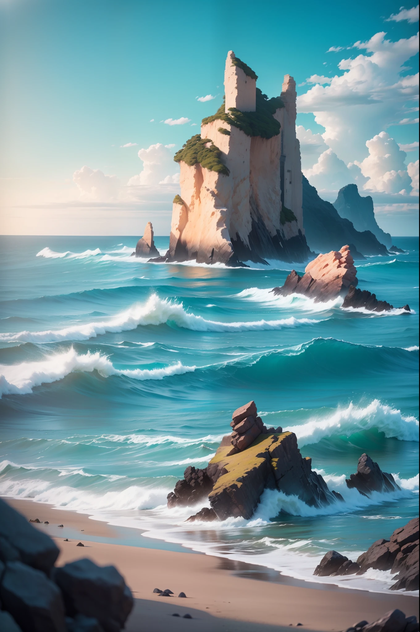photo of coastline, vast ocean view, rocks, wind, waves, peace, calm, relaxing, 8k uhd, dslr, soft lighting, high quality, film grain, Fujifilm XT3, chromatic aberration, caustics, dreamy