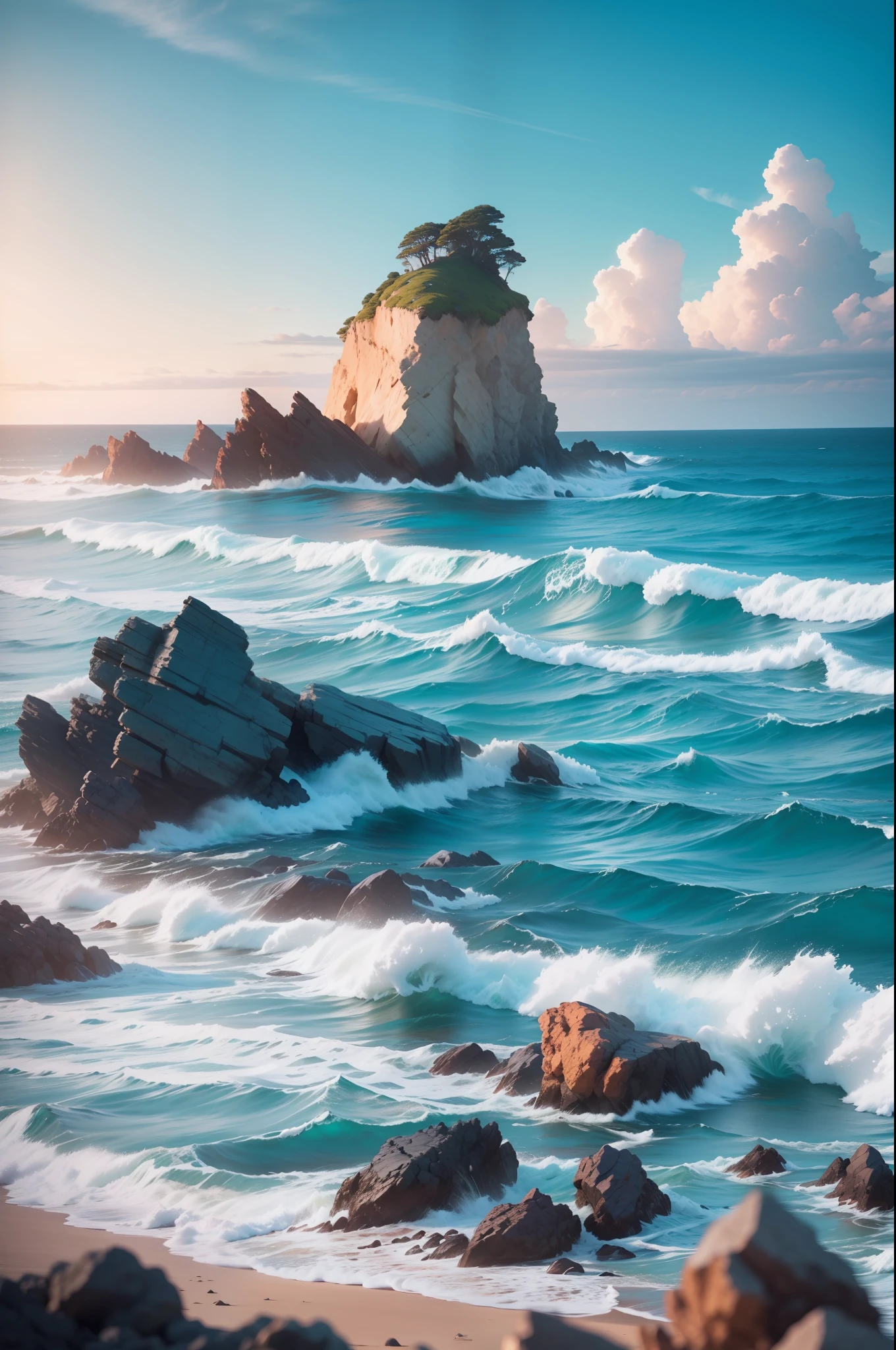 photo of coastline, vast ocean view, rocks, wind, waves, peace, calm, relaxing, 8k uhd, dslr, soft lighting, high quality, film grain, Fujifilm XT3, chromatic aberration, caustics, dreamy