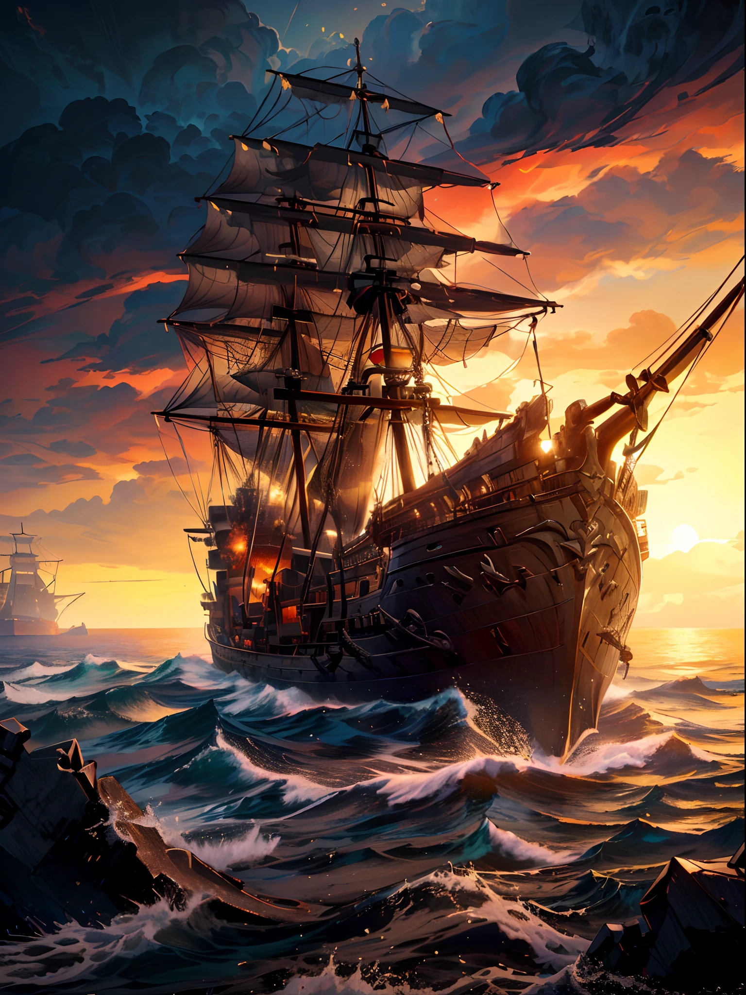 pirate ship in the ocean with a sunset in the background, old pirate ship, gothic ship on ocean, on a pirate ship background, amazing wallpaper, pirate ships at war at night, pirate ship, 4k highly detailed digital art, sea of thieves style, pirate ships, a ship lost in a storm, mobile wallpaper, an impossibly huge pirate ship