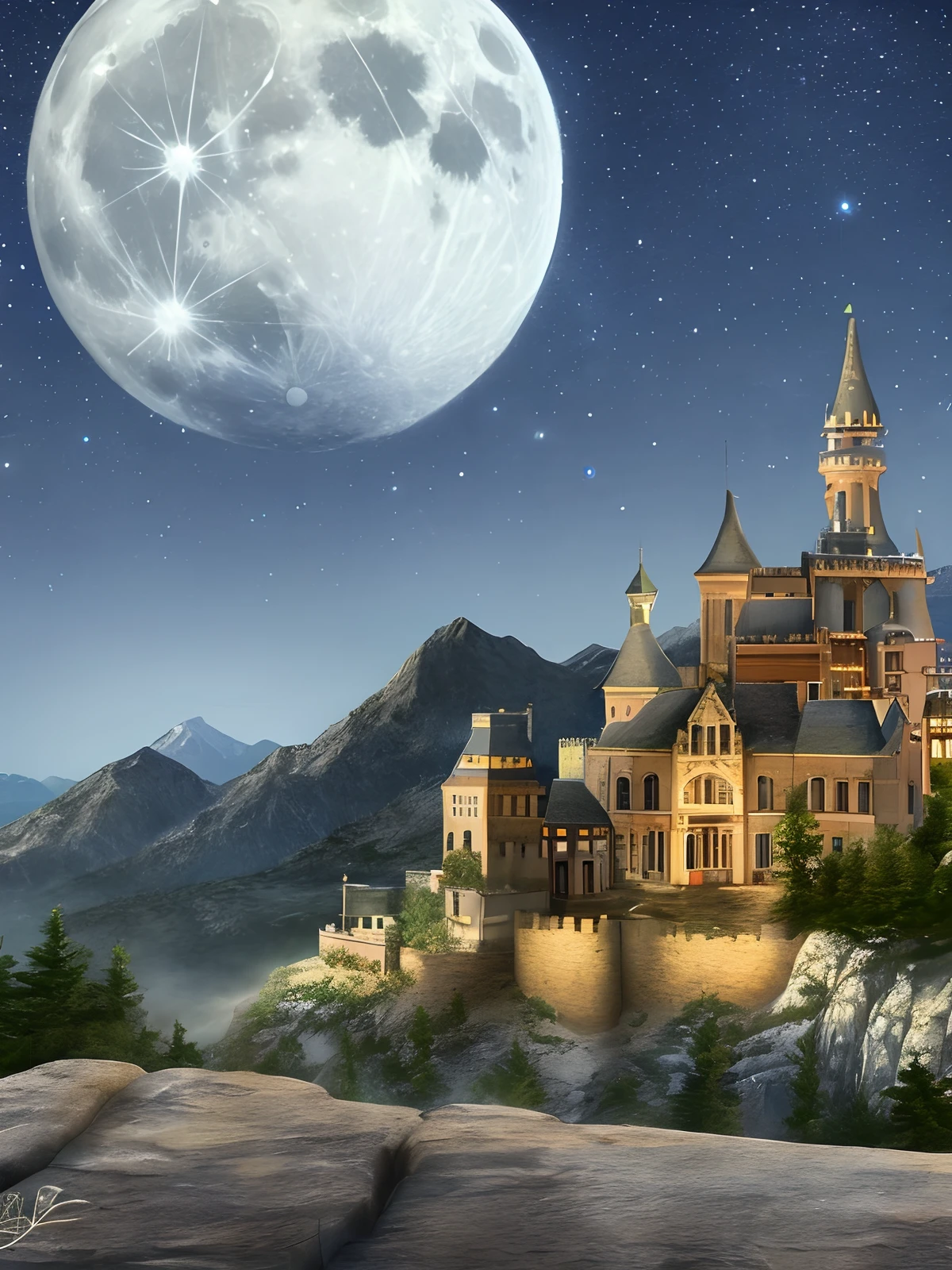 Starry sky and full moon，Empty mountains and wastelands，Castle in the distance