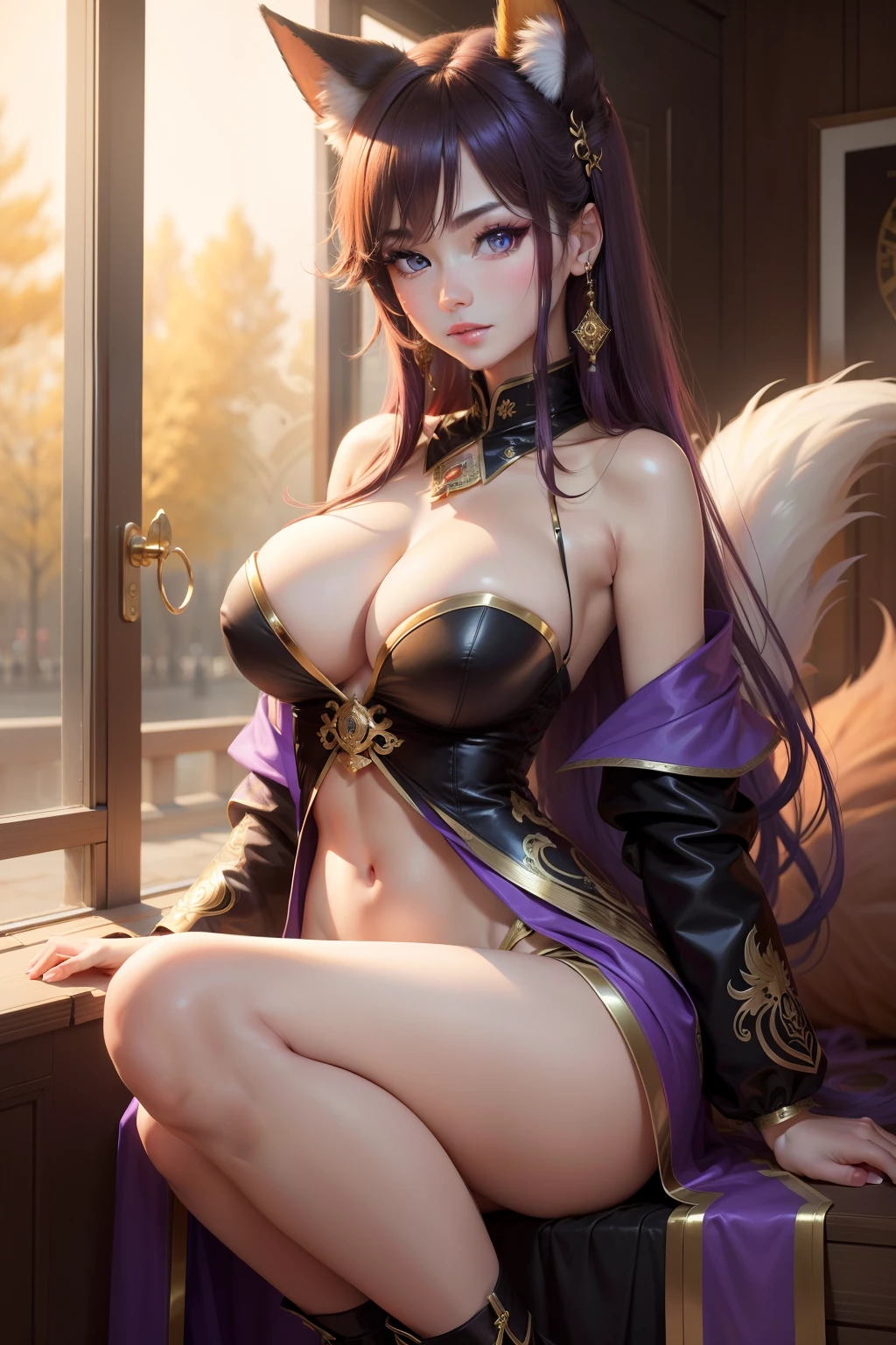 tmasterpiece，Best quality at best，A high resolution，熟妇，huge tit，fox tails，Golden-purple heterochromic pupils，fleshy feeling