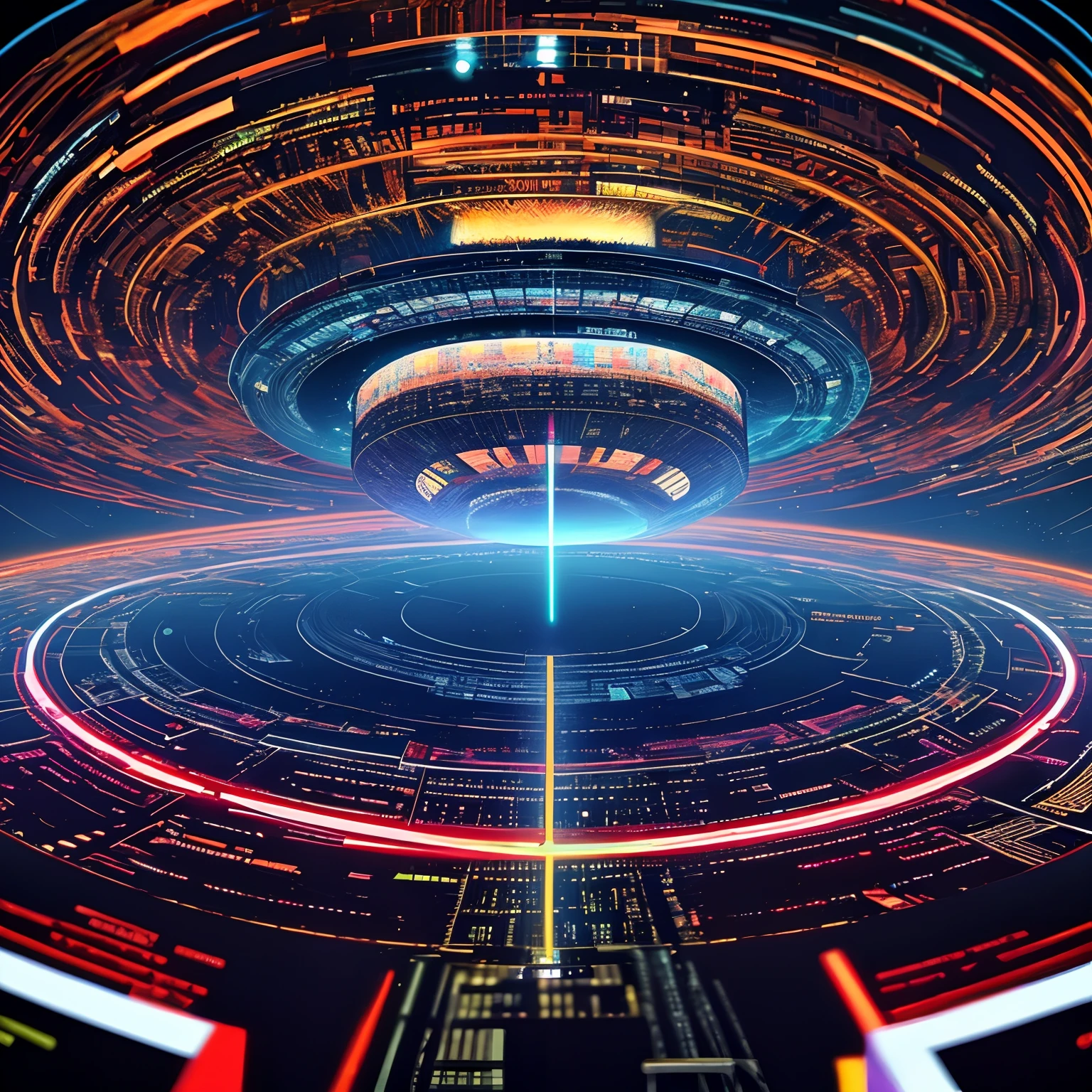 a rubicon digital orbital ufo cityscape megastructure is seen in the cloud filled sky above a glitchwave synesthesia cosmic road in the style of abstract gamercore tech