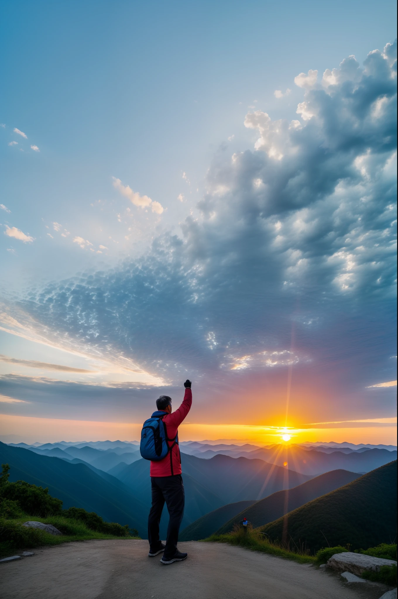Middle-aged man participates in outdoor sports、Activities such as travel,Highlight a positive attitude towards life。Show beautiful sunrise or sunset views,Convey the meaning of a new beginning or a retrospective sexual life;Use magnificent clouds and vast sky pictures,Express infinite possibilities and broad horizons;