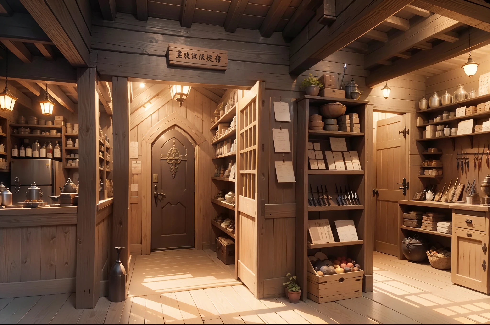 Buildings with wooden beams, Buttress, liang, Wooden support, interior view,、Ghibli、hiquality、medieval times、Western style、Italian style、The back is a wall without windows、Weapons Shop、There are no people、Silence、Western weapons on display、The spear is neatly tilted、They only sell spears、low illuminance、Ghibli、abundant、Iron spear on the wall、Iron blunt glow spear、The dim、fish-eye lens、in isekai、leisure、unmanned、no Animal、general store、The door is closed、no humans