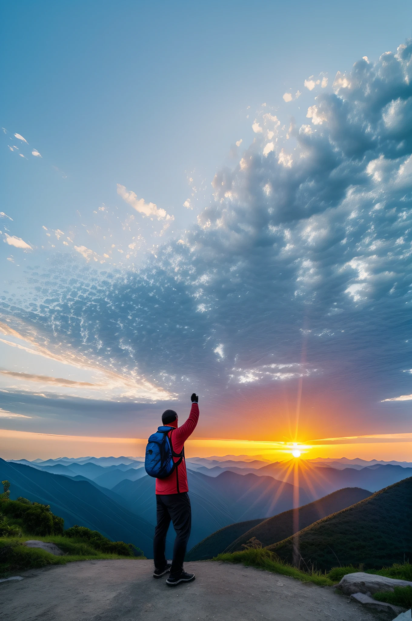 Middle-aged man participates in outdoor sports、Activities such as travel,Highlight a positive attitude towards life。Show beautiful sunrise or sunset views,Convey the meaning of a new beginning or a retrospective sexual life;Use magnificent clouds and vast sky pictures,Express infinite possibilities and broad horizons;