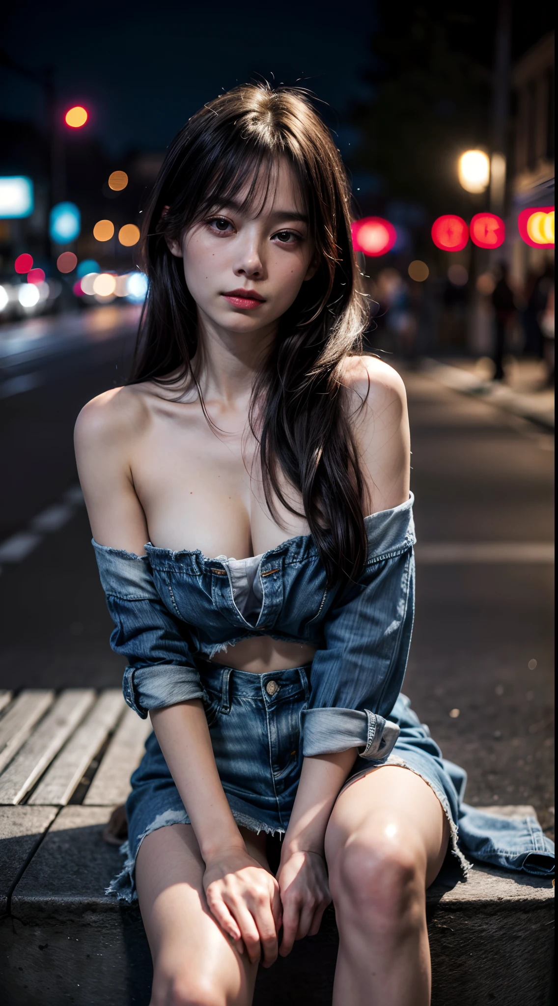 (1girl), russian, solo, long_hair, wearing(denim-strapless-shirt, miniskirt), photo(medium-shot), portrait, sitting, pov, blurry_background, background(night, urban, footpath), (photorealistic, absurdres, best_quality:1.55),