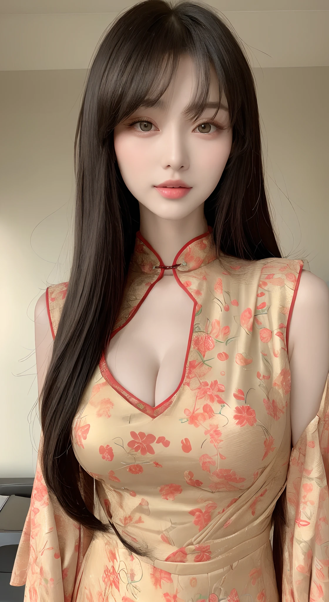 perfect figure beautiful woman:1.4,Layered Hair Style,Protruding cleavage:1.2,on cheongsam:1.5,Highly Detailed Face and Skin Textur,Narrow eyes,二重まぶた,Whitens the skin,long whitr hair