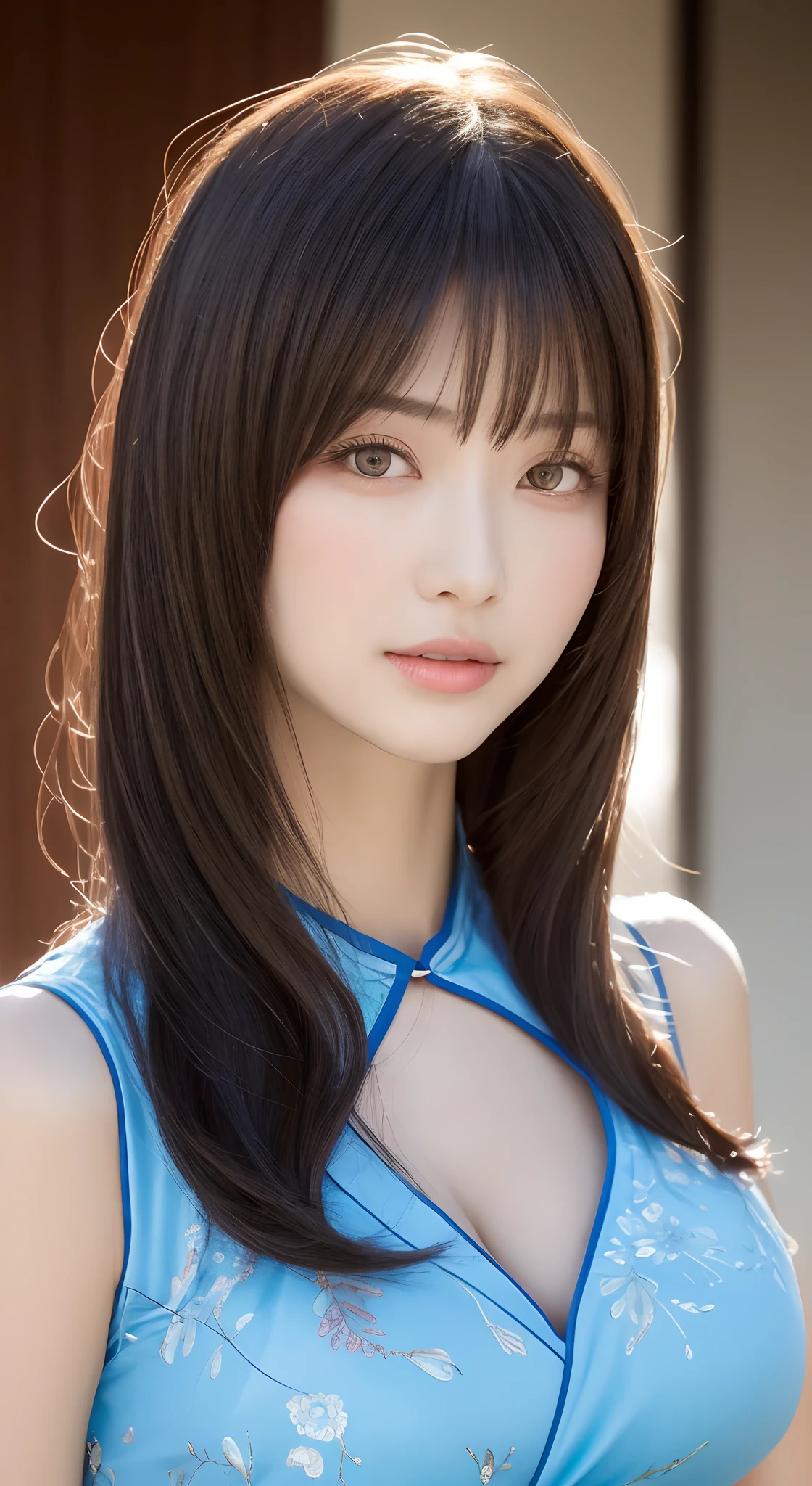perfect figure beautiful woman:1.4,Layered Hair Style,Protruding cleavage:1.2,on cheongsam:1.5,Highly Detailed Face and Skin Textur,Narrow eyes,二重まぶた,Whitens the skin,long whitr hair