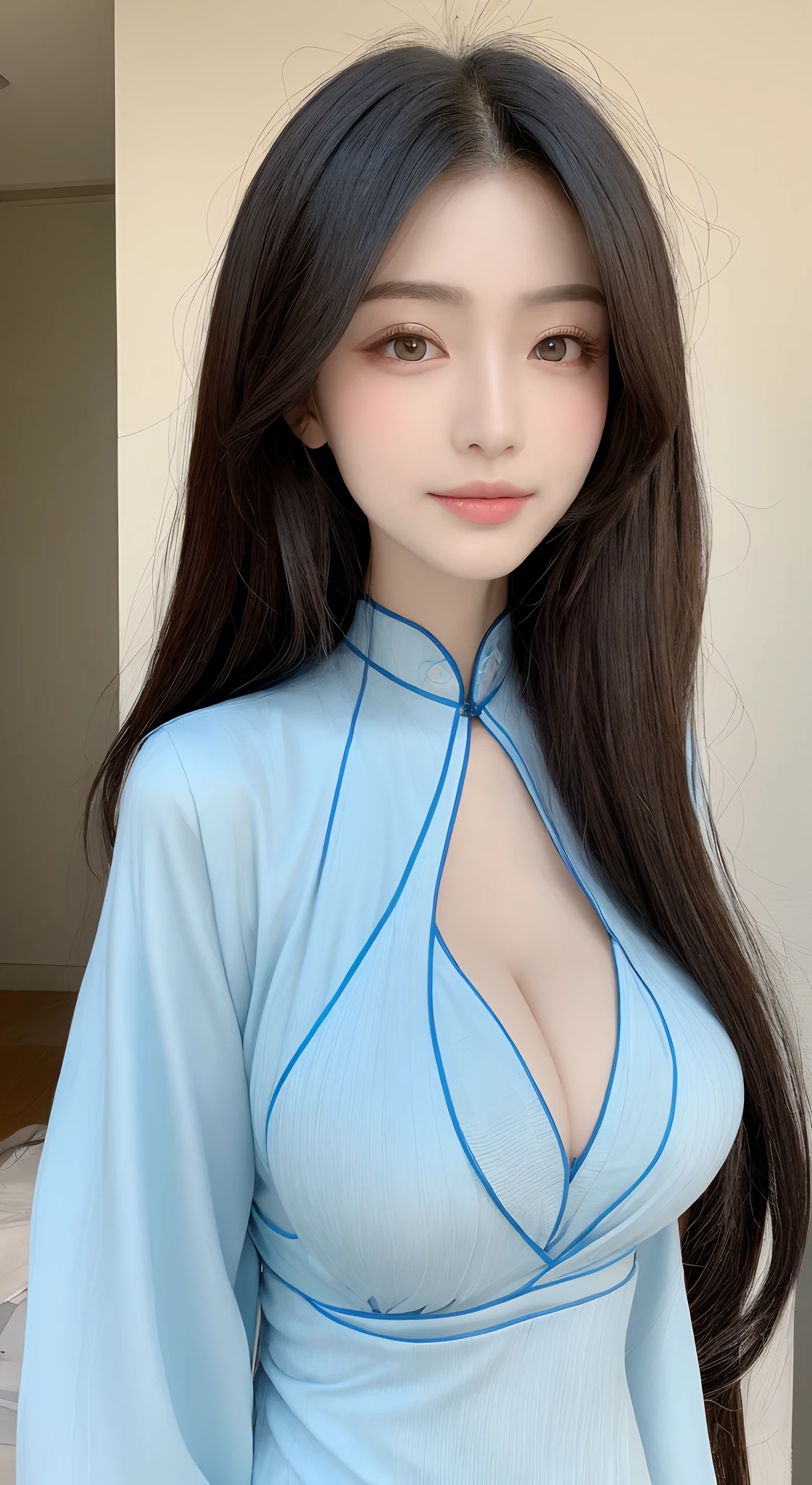 perfect figure beautiful woman:1.4,Layered Hair Style,Protruding cleavage:1.2,on cheongsam:1.5,Highly Detailed Face and Skin Textur,Narrow eyes,二重まぶた,Whitens the skin,long whitr hair