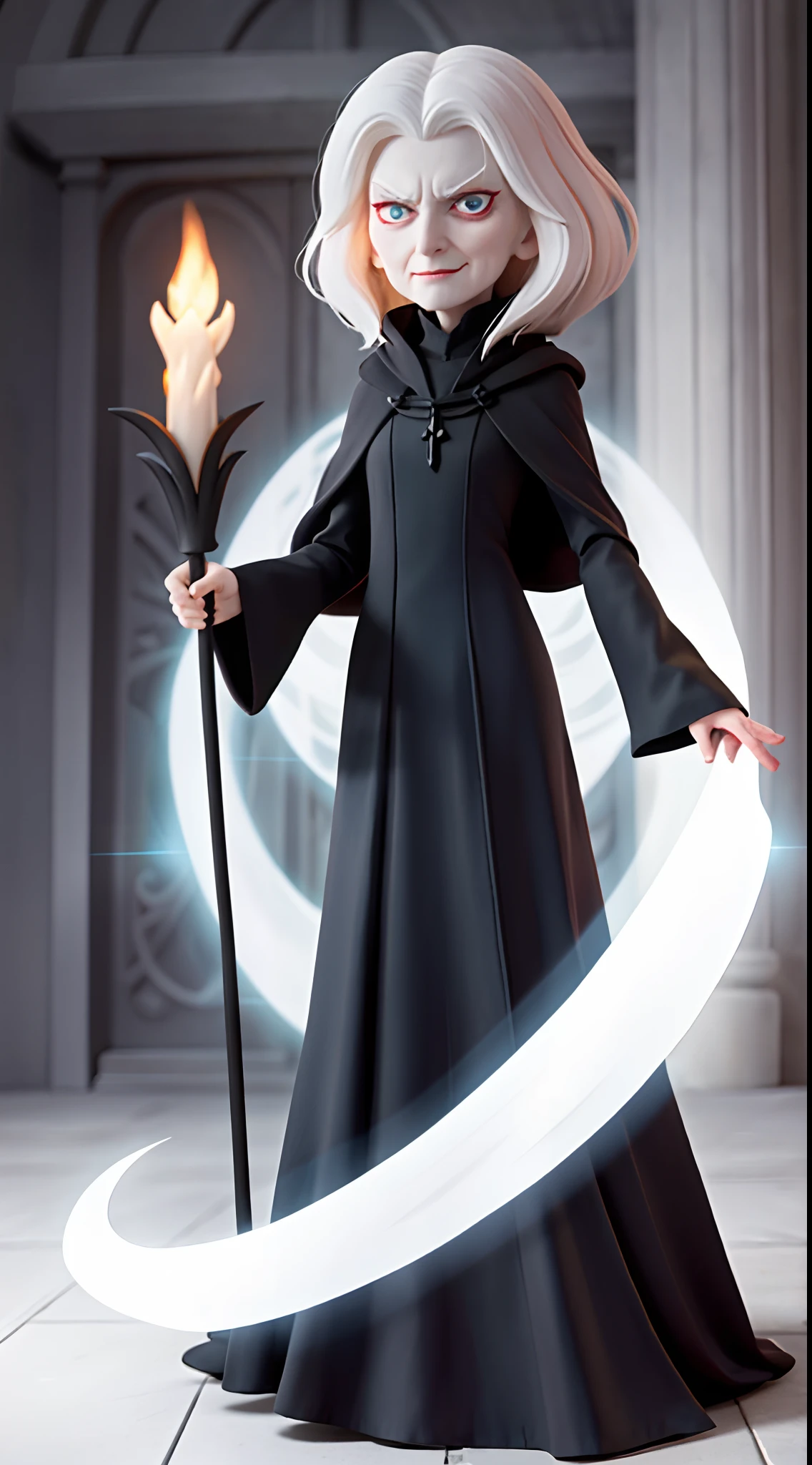 The 70-year-old white-haired witch wears a long black cloak,Long black dress,full bodyesbian,Evil expression,Hold the scepter in your left hand