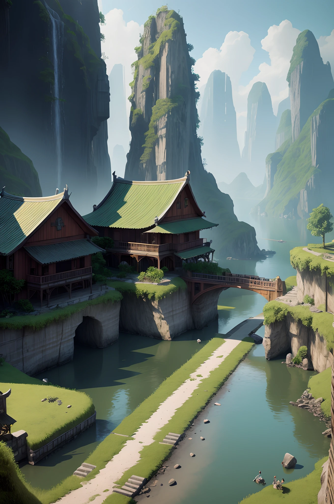 mountains and a river with a bridge in the middle of it, andreas rocha style, realistic fantasy render, matte painting unreal engine, 3d rendered matte painting, matte painting v ray, unreal engine render concept art, digital painting concept art, inspired by Andreas Rocha, smooth digital concept art, game art matte painting, unreal engine fantasy art