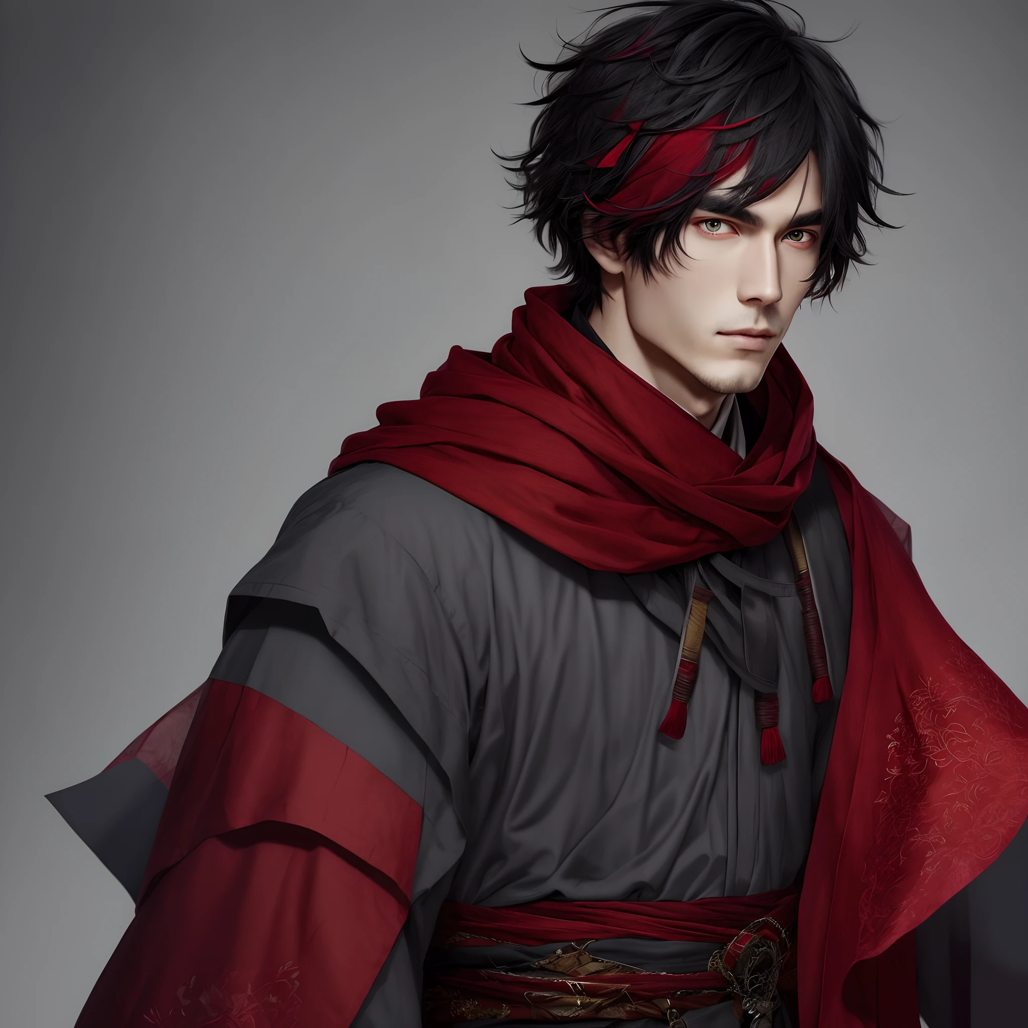 Dark gray hair，red color eyes，shoun，male people，cloaks，short detailed hair，