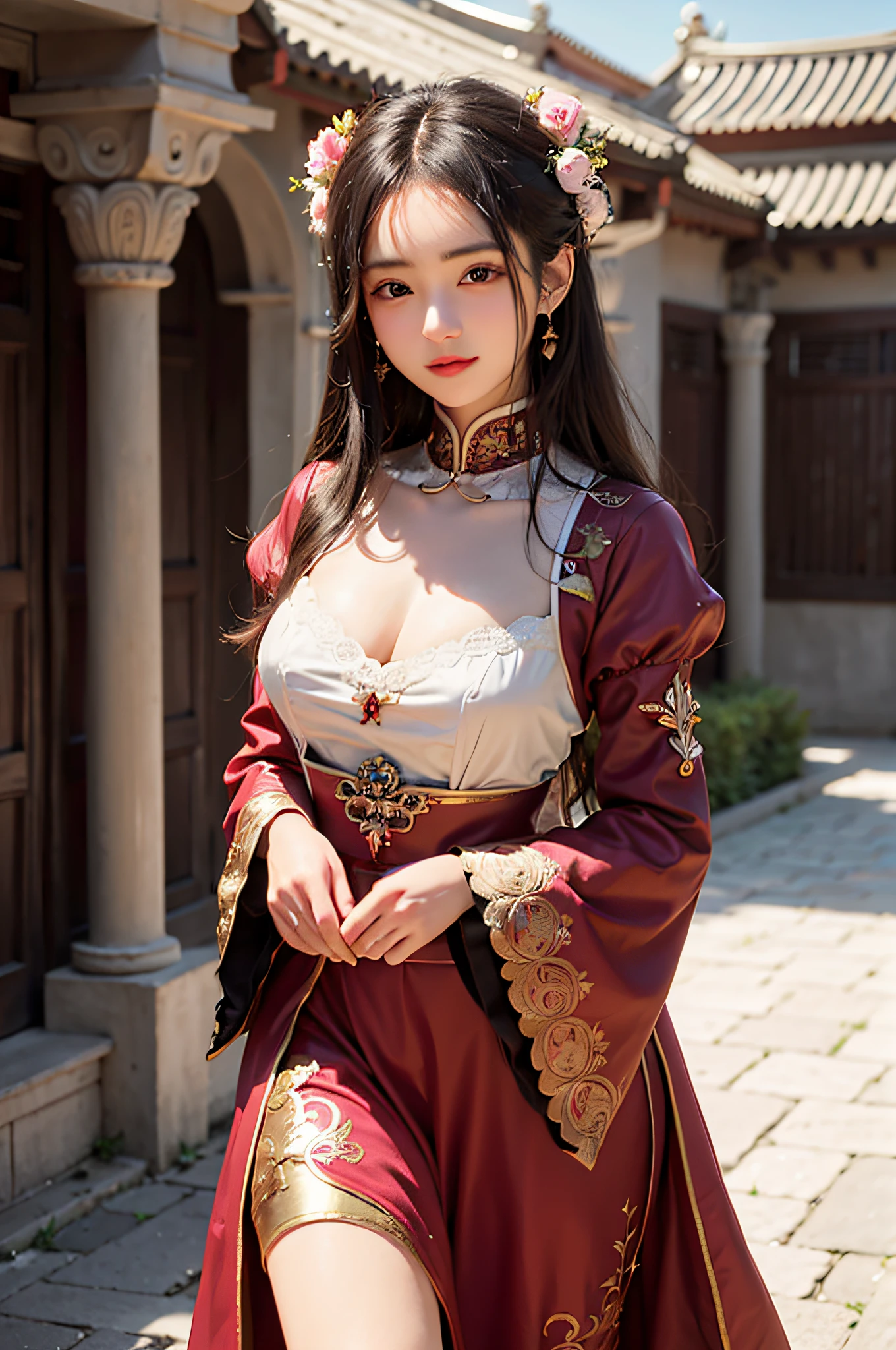 Alafeld Asian woman in red and white dress poses for a photo, Palace ， A girl in Hanfu, Hanfu, a beautiful fantasy empress, White Hanfu, Anime girl cosplay, Anime cosplay, High quality clothing, Gorgeous Role Play, Chinese costume, ((a beautiful fantasy empress)), with acient chinese clothes, Wearing ancient Chinese clothes, Japanese goddess