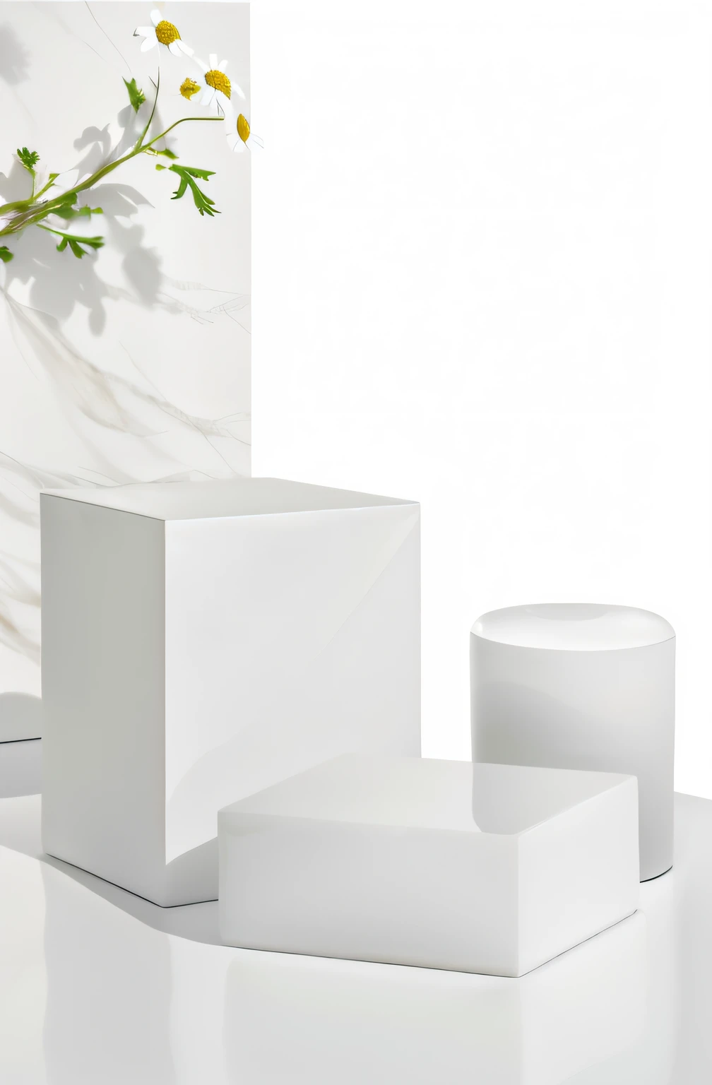 Two white cube brackets and one white cylindrical bracket,Clean 3D rendering studio background,personal room background,There is a chamomile plant in the background。The background is a pure white room,Showcase 3D products in 3D rendering style,The booth is in the shape of white ceramics,Presents the effect of organic ceramic white。all white render,Use bright white porcelain,On the table are cubes。Cube products,textured base;On the white table,Natural light background,Wrap around the white space,Macro stage,socle,Blank shelf,product showcase。White and warm colors。