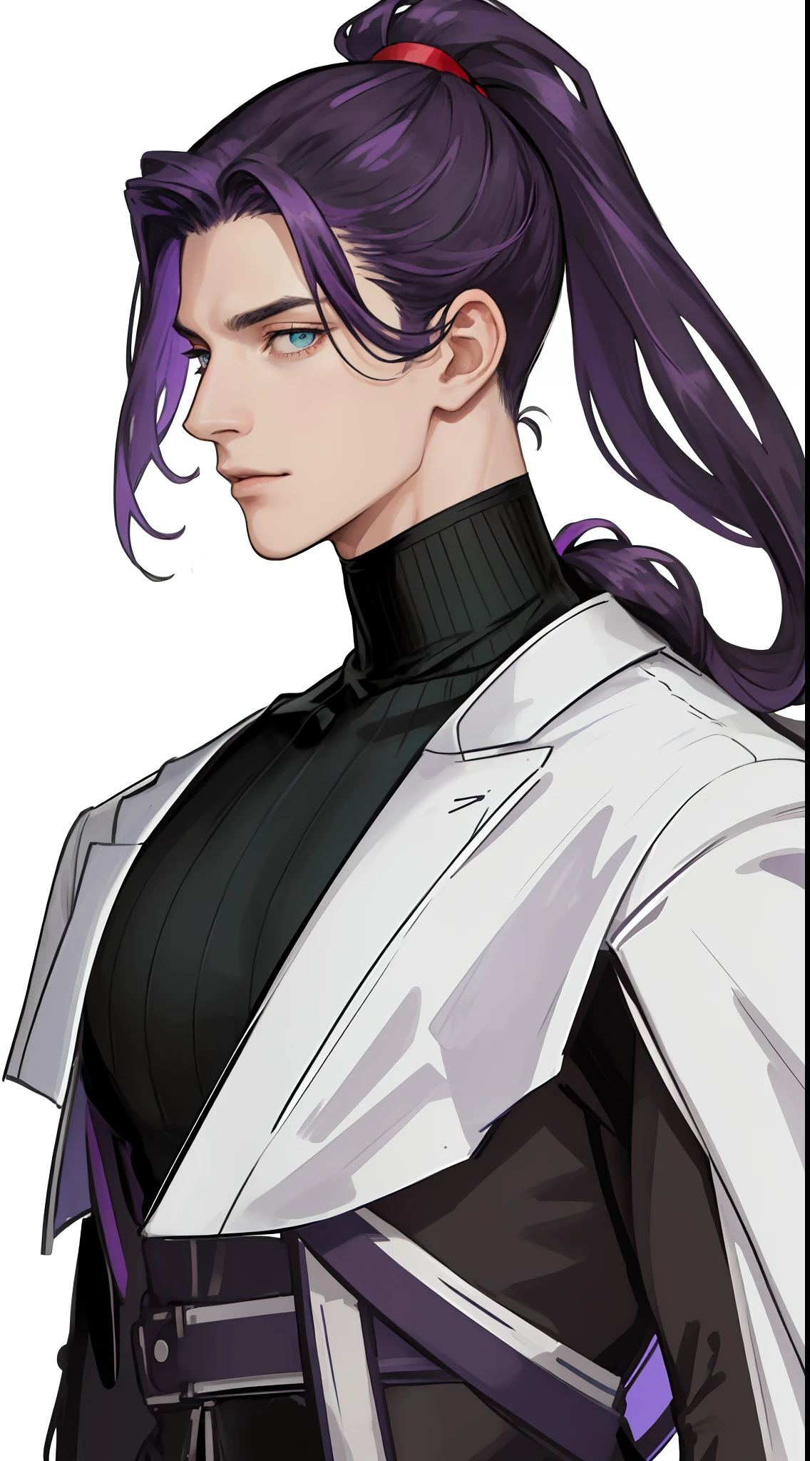 masterpiece, best quality, realistic, 1man, male focus, male model, tall muscular, handsome, closed mouth, dark turtle-neck,modern clothes, portrait,extremely detailed face, low-ponytail purple hair, flying bangs, turquoise eyes, white background, simple background, SIDE VIEW, looking at the viewers.