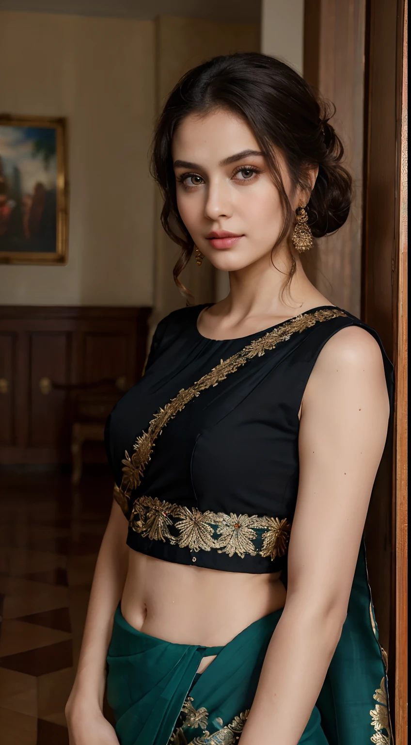 ((Best quality, 8k, Masterpiece :1.3)), 1girl, beautiful woman, (casual hairstyle,), saree, interior, ultra-detailed face, delicate eyes, double eyelids, Russian, black hair, black eyes, body straight to camera