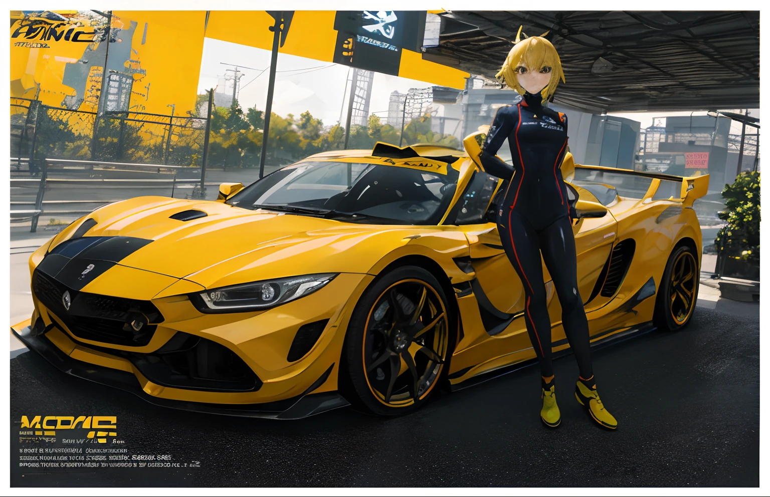 Anime girl in racing suit standing next to a yellow sports car, style of anime4 K, Anime style. 8K, anime art vehicle concept art, Digital cyberpunk anime art, Smooth anime CG art, Badass anime 8 K, anime styled digital art, sports cars, modern anime style, sports cars, Anime art wallpaper 8 K, very modern anime style
