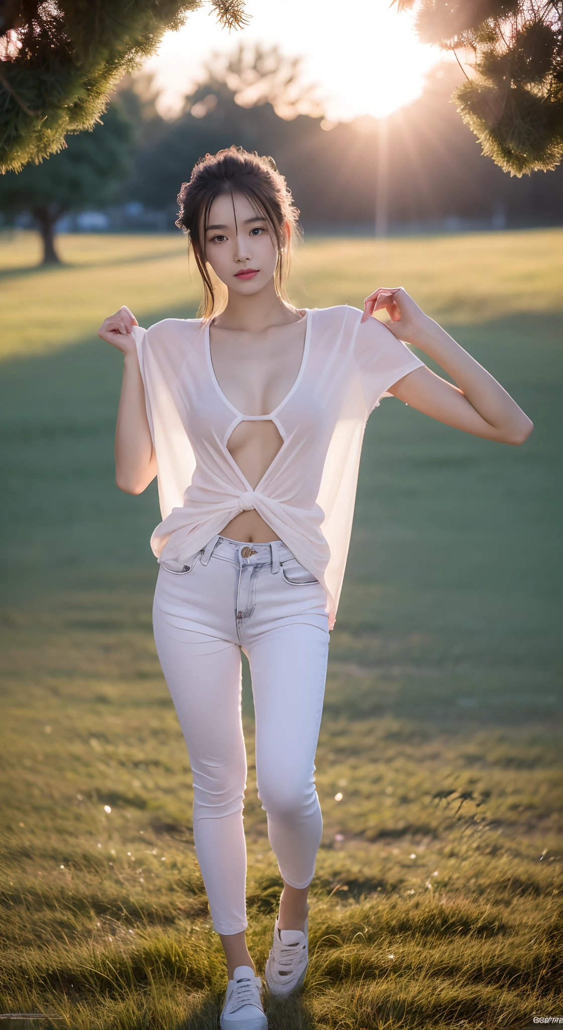((Best quality, 8K HD, Masterpiece: 1.3)), (Wet clothes: 1.1), (rain, grassy fields: 1.3), 1 beautiful woman taking pictures on the grass,RAW photos,tmasterpiece,(highdetailskin:1.2),8k ultra high definition,digital SLR camera,gentlesoftlighting,high high quality,filmgrain,富士XT3,20 years old Asian woman,Wear simple clothes,T-shirt and skinny jeans,Detailed clothing details:1.3,perfect body figure,Perfect breasts and nipple bulge,The legs are straight and slender,Branded stylish shoes:0.6,Super detailed facial details and skin,Fair pink face and skin,The skin is pink,with light glowing,二重まぶた,Super detailed eyes,(Gloss on lips, eyeslashes, Glossy face, Best quality, Super high resolution, warm color,Wide lighting, naturalshadow), Coquettish and sexy, Full body shooting: 1.8