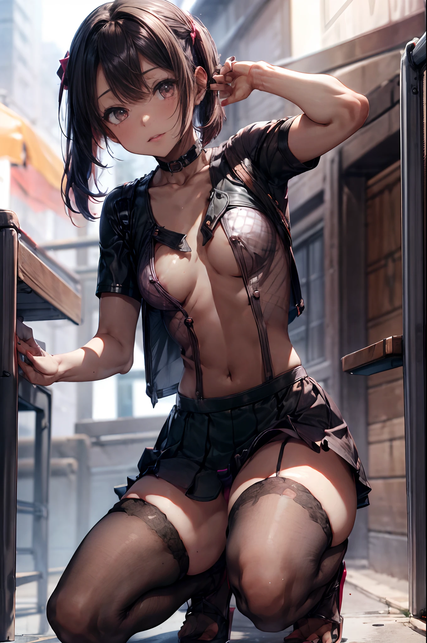 ((medium breast, small head)), daylight, sunlight, (perfect body : 1.1), (young), (short wavy hair : 1.2) , choker, full body shot, crowded street, ((wearing a pink see-through tight wet crop camisole top)), ((miniskirt)), (extremely detailed CG 8k wallpaper), (an extremely delicate and beautiful), (masterpiece), (best quality:1.0), (ultra highres:1.0),  beautiful lighting ,stiff nipple, cameltoe, perfect lightning,pulling skirt, realistic shadows, [highres], detailed skin, ultra-detailed, spread thigh, one leg up, squatting on the floor, black thighhigh, red high heels, large earring, thighs, (((colorful))), topless, beauty mark, angle from below