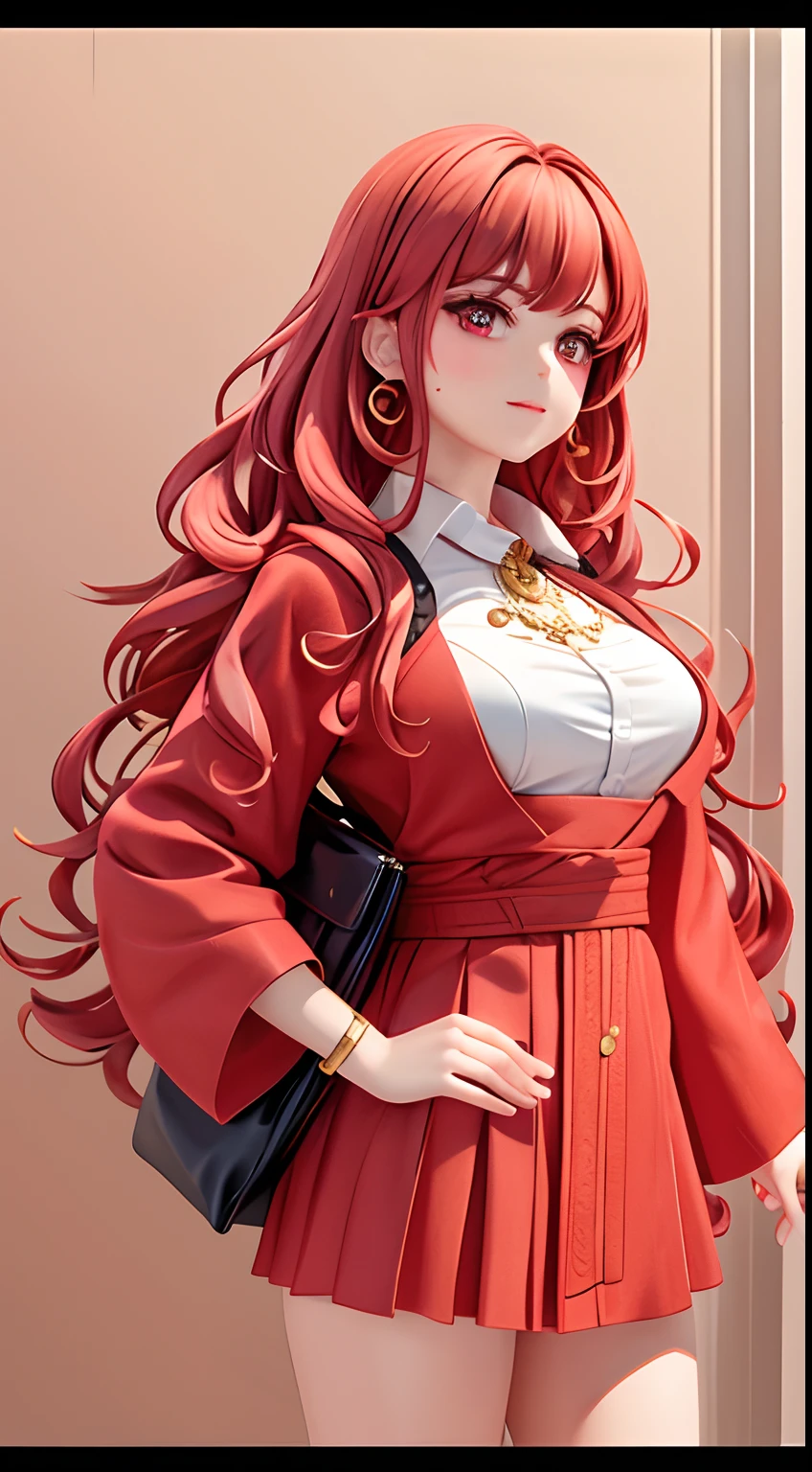 tmasterpiece,top-quality,best qualityer,Watercolor curly,offcial art,Beauty and aesthetics:1.2,s fractal art:1.3, 1girll:1.3,s fractal art:1.3,The upper part of the body,seen from the side,looking at viewert, The protagonist:father, Red bangs shawl curly hair, short sleeved shirt, Mental fatigue, Brick red eyes, Background with:Bank lobby design, 8k