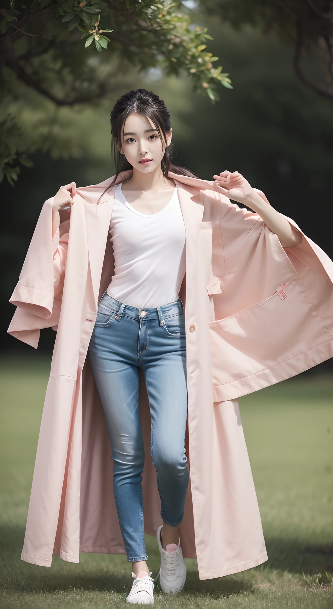 ((Best quality, 8K HD, Masterpiece: 1.3)), (Wet clothes: 1.1), (rain, grassy fields: 1.3), 1 beautiful woman taking pictures on the grass,RAW photos,tmasterpiece,(highdetailskin:1.2),8k ultra high definition,digital SLR camera,gentlesoftlighting,high high quality,filmgrain,富士XT3,20 years old Asian woman,Wear simple clothes,T-shirt and skinny jeans,Detailed clothing details:1.3,perfect body figure,Perfect breasts and nipple bulge,The legs are straight and slender,Branded stylish shoes:0.6,Super detailed facial details and skin,Fair pink face and skin,The skin is pink,with light glowing,二重まぶた,Super detailed eyes,(Gloss on lips, eyeslashes, Glossy face, Best quality, Super high resolution, warm color,Wide lighting, naturalshadow), Coquettish and sexy, Full body shooting: 1.8