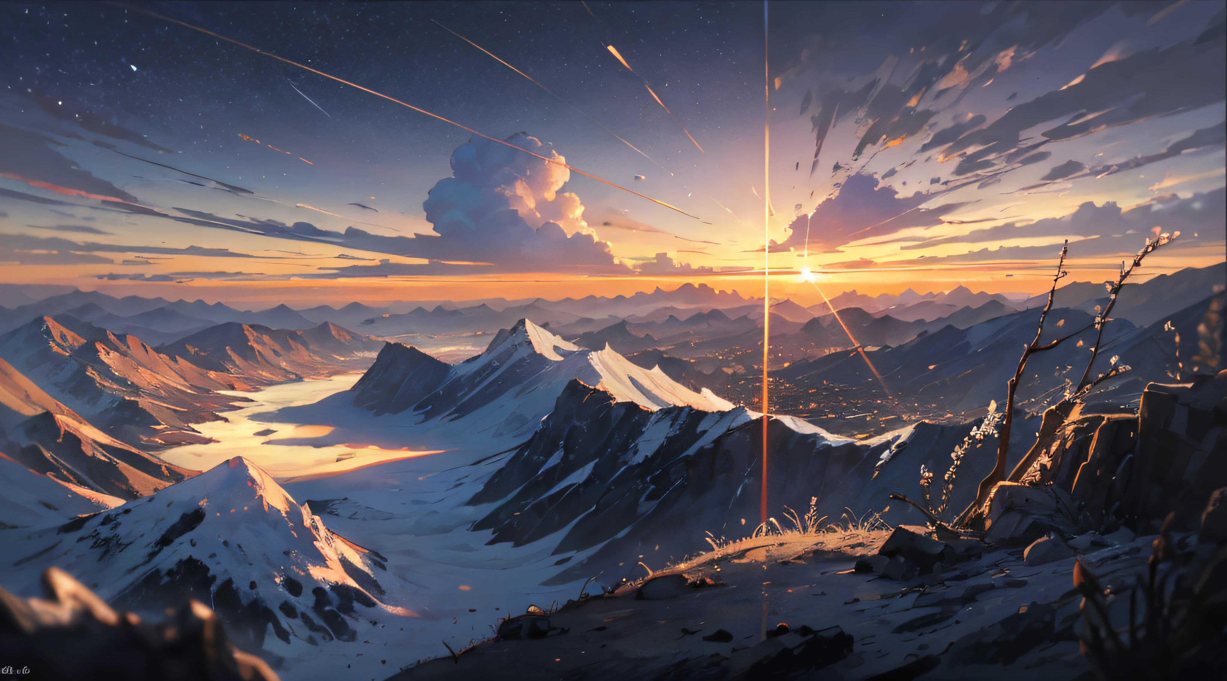 Expansive landscape photograph,(moon full:1.2),(meteors:0.9),(Starcloud:1.3),(Warm light source:1.2),(glowworm:1.2),lamp lights,Lots of purple and orange,Complicated details,Volumetriclighting,Realism BREAK(tmasterpiece:1.2),(best qualtiy),8K,Ultra-detailed,(dynamic compositions:1.4),The is very detailed,Colorful details,(Irridescent color:1.2),(luminouslighting,Atmospheric lighting),dream magical,magical,(独奏:1.2),((best qualtiy)), ((tmasterpiece)), (the detail:1.4),depth of fields,maximum definition and sharpness,perfectly proportions,Fluttering clouds,Wallpapers