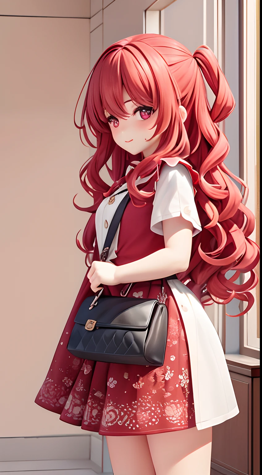 tmasterpiece,top-quality,best qualityer,Watercolor curly,offcial art,Beauty and aesthetics:1.2,s fractal art:1.3, 1girll:1.3,s fractal art:1.3,The upper part of the body,seen from the side,looking at viewert, The protagonist:father, Red bangs shawl curly hair, short sleeved shirt, Mental fatigue, Brick red eyes, Background with:Bank lobby design, 8k
