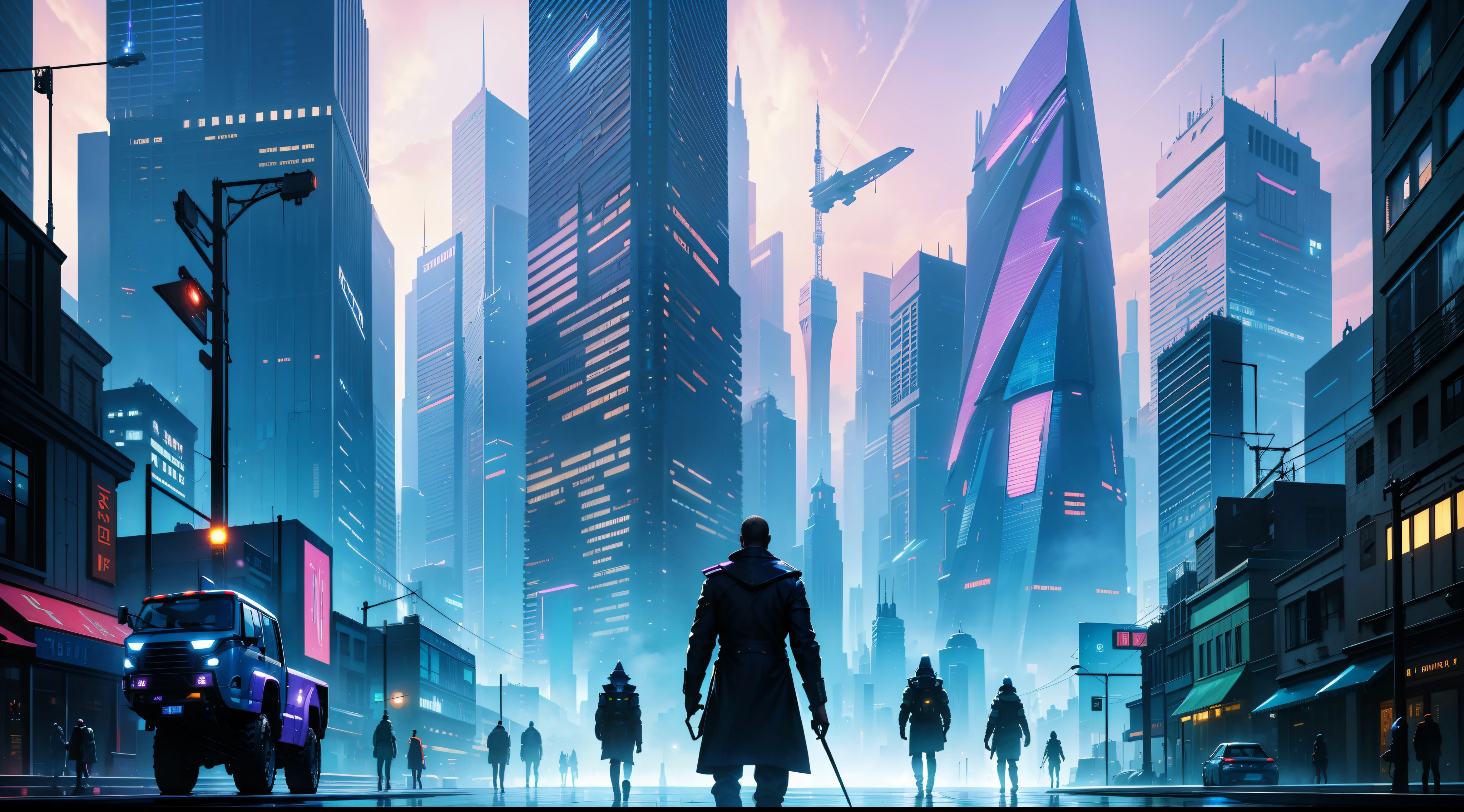 An oil painting of a futuristic cityscape, with towering skyscrapers and flying vehicles filling the frame. The colors are bright and vibrant, with shades of blue, green, and purple dominating the scene. In the foreground, a group of people can be seen walking towards a giant, glowing pyramid.
