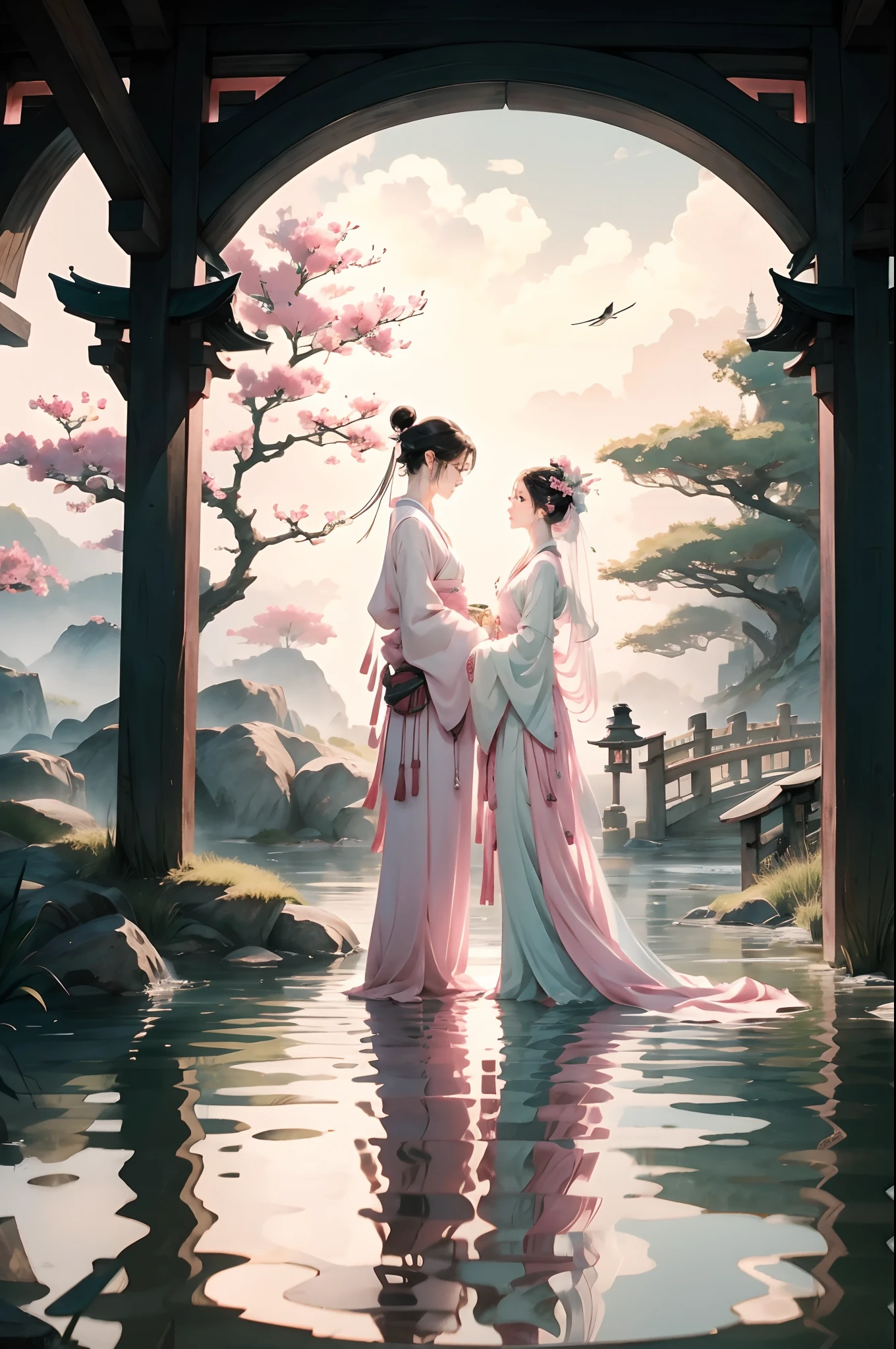 aquarelle，A couple standing on the bridge，The barefoot，Hanfu，Chinese style clothes，Arched bridge，Husband and wife look at each other，beautiful anime scenes，Loves，Reflection on the surface of the water，magpie，In pink，delicated，HighestQuali，（tmasterpiece：1,2），best qualtiy，tmasterpiece，Original，extremelydetailedwallpaper，Perfect lighting，（extremaly detailed cg:1.2）