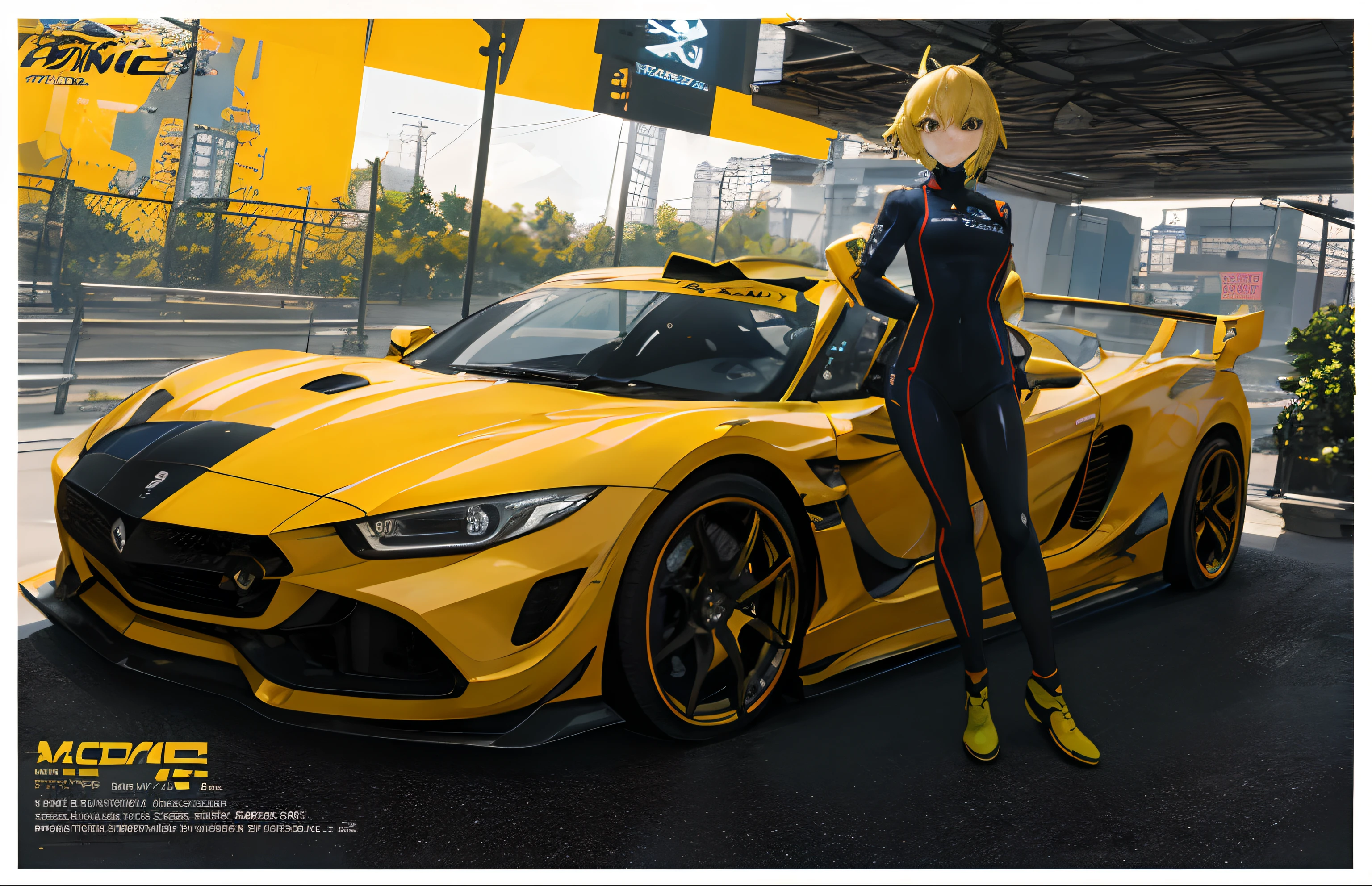 Anime girl in racing suit standing next to a yellow sports car, style of anime4 K, Anime style. 8K, anime art vehicle concept art, Digital cyberpunk anime art, Smooth anime CG art, Badass anime 8 K, anime styled digital art, sports cars, modern anime style, sports cars, Anime art wallpaper 8 K, very modern anime style