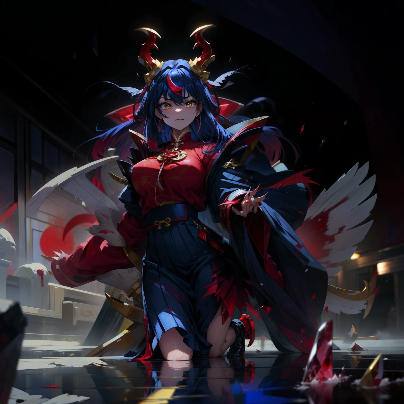 Beautiful girl with sharp eyes。fullbody image。Slender face。Japan school uniform。Japanese dress。Yellow eyes。red and blue hair。blue and red outfit。Unkempt hair。long。Lift the corners of your mouth and smile。The chest is fluttering。well-muscled。Accessories like twist horns。Countless yellow accessories。Gauntlet with large claws on right hand。Red crystal on chest。Tattoo with a red pattern on the leg。Red puddle at your feet。