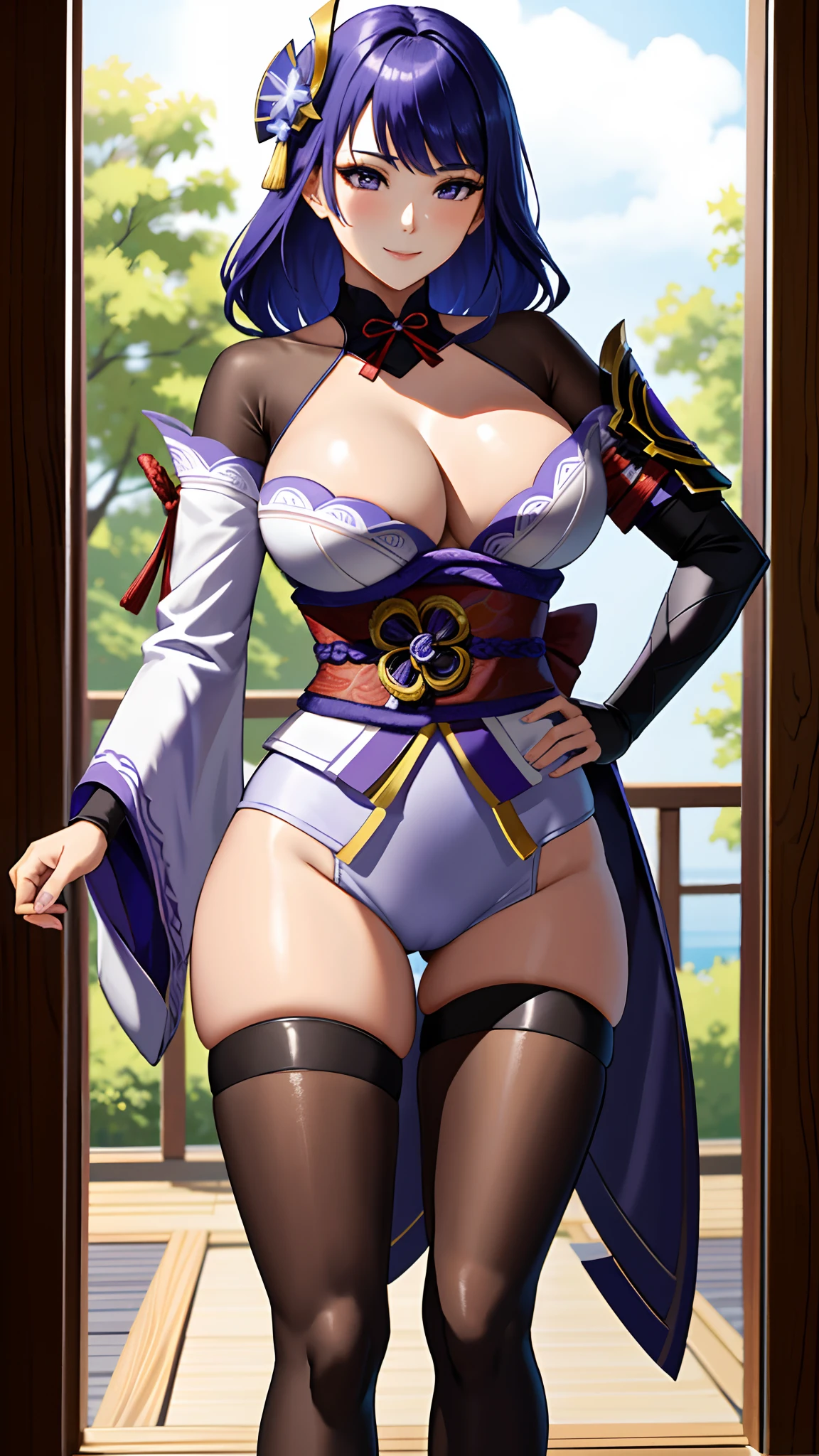 Raiden Shogun, raiden, (Breast-huge), nedium breasts, Masterpiece, Best quality, Ultra-detailed hands on hips), (angle of view:1.1), (Smile:0.9),Busty body，thick leg，lacepantyhose