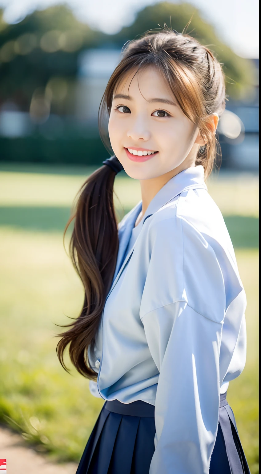 Highest image quality,Outstanding details,超A high resolution,(fidelity:1.4),The best illustration,Favor the details,Highly cohesive 1girl,He has a delicate and beautiful face with high details、highly accurate, A high school girl, playground, ssmile,rays of sunshine, ponytails,校服,flatchest,,Pure, Pretty girl,The skin is delicate,adolable,The camera is focused on her face, and the light shines on her face,Very large aperture,((f/1.2)),The depth of field is shallow, The background lens is blurry strongly,ISO 3000,automatic white balance, Extremely detailed,profesional lighting, the soft light,RAW photogr,Uniqlo fashion model, best qualtiy, tmasterpiece, Award-winning photography, Huge file size, 8k, A high resolution, Taken on a Sony DSLR。