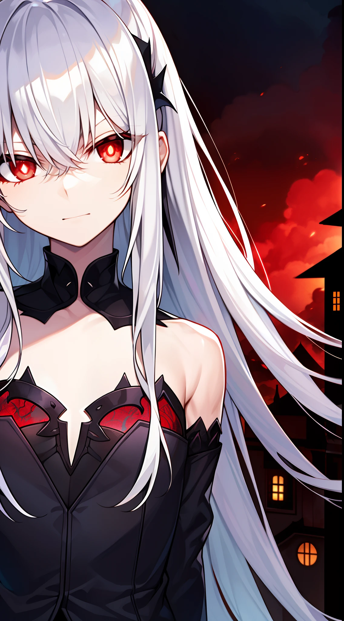 (Beautiful wallpapers) ,(evil theme),long white hair,red pupils,Loose black robe,dominate,Handsome,Flat chest,Lateral face,Close up,Red Storm,(A world shrouded in darkness),(Village background)