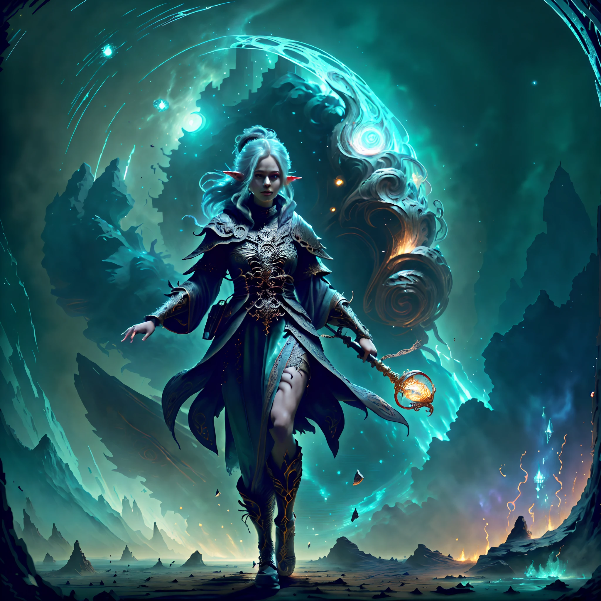 high details, best quality, 8k, [ultra detailed], masterpiece, best quality, (extremely detailed), dynamic angle, ultra wide shot, photorealistic, fantasy art, dnd art, rpg art, realistic art, a wide angle picture of an epic female elf, ready for battle  (intricate details, Masterpiece, best quality: 1.6) , full body, [[anatomically correct]]  (intricate details, Masterpiece, best quality: 1.6) casting magic spell (intricate details, Masterpiece, best quality: 1.5), [colorful magical sigils in the air],[ colorful arcane markings floating] (intricate details, Masterpiece, best quality: 1.6), holding a [sword] (intricate details, Masterpiece, best quality: 1.6) holding a [sword glowing in red light] (intricate details, Masterpiece, best quality: 1.6). in fantasy urban street ( (intricate details, Masterpiece, best quality: 1.6), a female, beautiful epic female elf, wearing elven leather armor (intricate details, Masterpiece, best quality: 1.3), wearing colorful cloak, flowing cloak, high heeled leather boots, ultra detailed face (intricate details, Masterpiece, best quality: 1.6), small pointed ears, thick hair, long hair, dynamic hair, fair skin intense eyes, fantasy city background (intricate details, Masterpiece, best quality: 1.6), sun light, backlight, depth of field (intricate details, Masterpiece, best quality: 1.3), high details, best quality, highres, ultra wide angle
