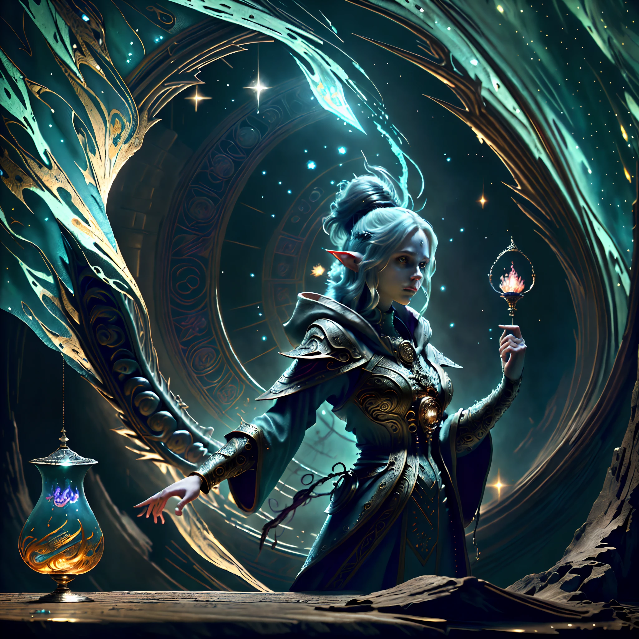 high details, best quality, 8k, [ultra detailed], masterpiece, best quality, (extremely detailed), dynamic angle, ultra wide shot, photorealistic, fantasy art, dnd art, rpg art, realistic art, a wide angle picture of an epic female elf, ready for battle  (intricate details, Masterpiece, best quality: 1.6) , full body, [[anatomically correct]]  (intricate details, Masterpiece, best quality: 1.6) casting magic spell (intricate details, Masterpiece, best quality: 1.5), [colorful magical sigils in the air],[ colorful arcane markings floating] (intricate details, Masterpiece, best quality: 1.6), holding a [sword] (intricate details, Masterpiece, best quality: 1.6) holding a [sword glowing in red light] (intricate details, Masterpiece, best quality: 1.6). in fantasy urban street ( (intricate details, Masterpiece, best quality: 1.6), a female, beautiful epic female elf, wearing elven leather armor (intricate details, Masterpiece, best quality: 1.3), wearing colorful cloak, flowing cloak, high heeled leather boots, ultra detailed face (intricate details, Masterpiece, best quality: 1.6), small pointed ears, thick hair, long hair, dynamic hair, fair skin intense eyes, fantasy city background (intricate details, Masterpiece, best quality: 1.6), sun light, backlight, depth of field (intricate details, Masterpiece, best quality: 1.3), high details, best quality, highres, ultra wide angle