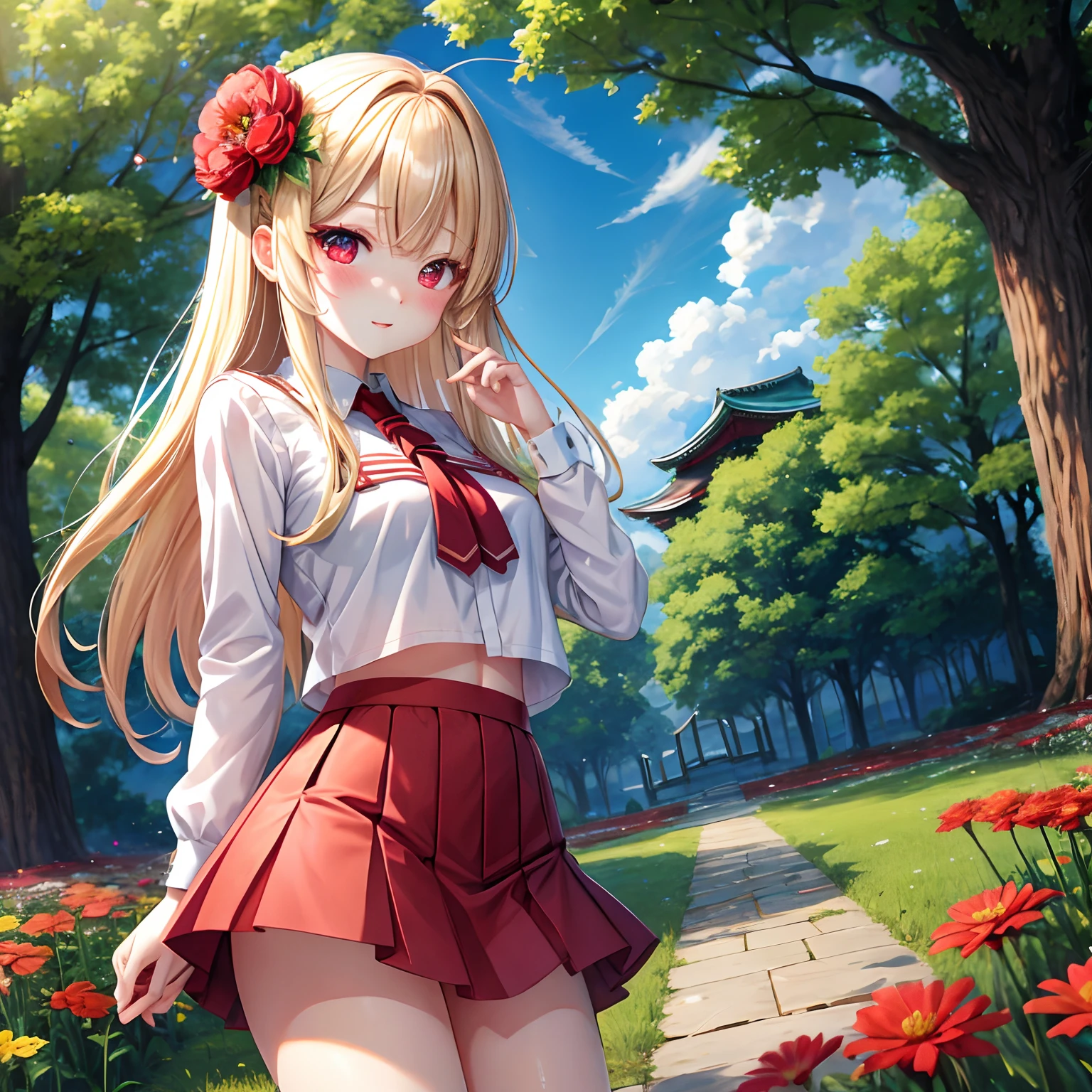 a blond、red eyes、One pretty girl、独奏、animesque、flower  field、red blush、a miniskirt、Underwear is slightly visible