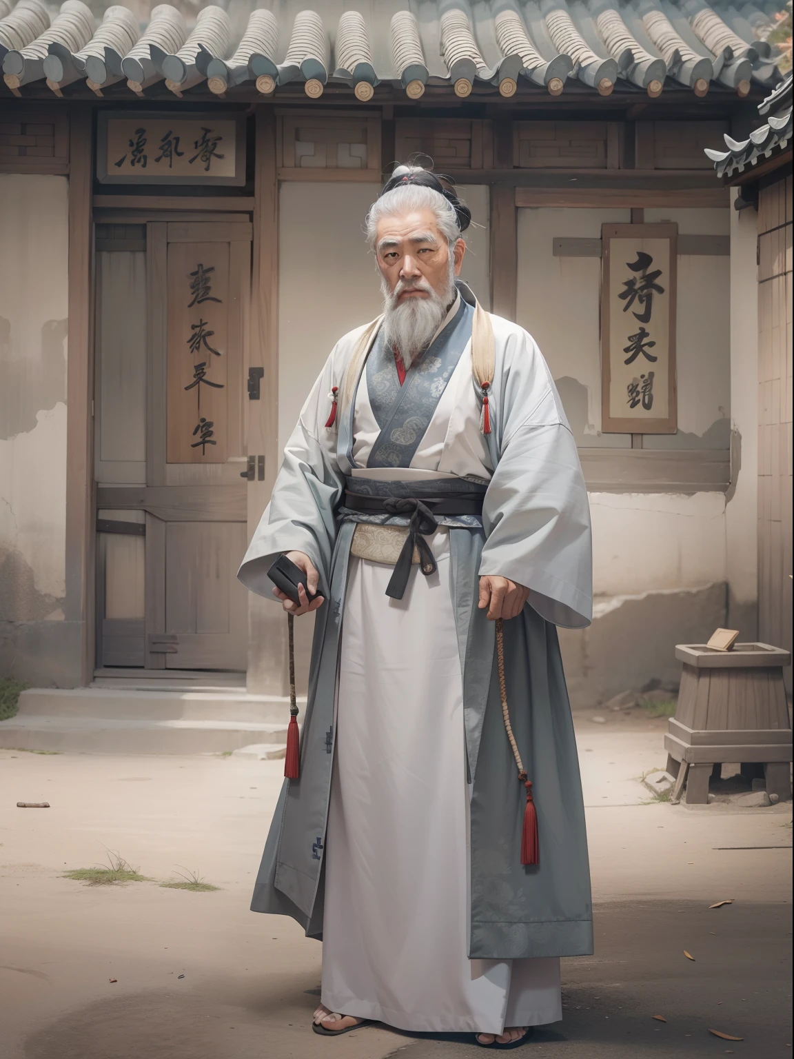 Chinese Ancient Times, An old man, Asian people,gray hair and beard, Black eyes,Thin body, Weakness of the body,standing on your feet, The background is a prison,Look at the camera with determined eyes, dressed white hanfu, There is no pattern,China-style, first person perspective, Masterpiece, ccurate, Anatomically correct, Super detail