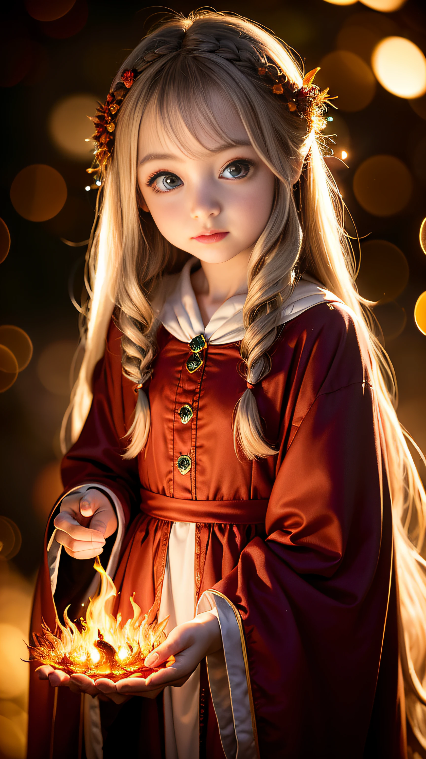 Super beautiful shining big eyes、((1little girl))、a sorceress、magia、Wearing a long dress made of light、magical forest、A flowing、(((firey))magia)、Tight magician's clothes、Magic clothes、(((Flowing hairstyle)))、(((radiant eyes)))、Wearing a cloak、((bokeh dof))、depth of fields、